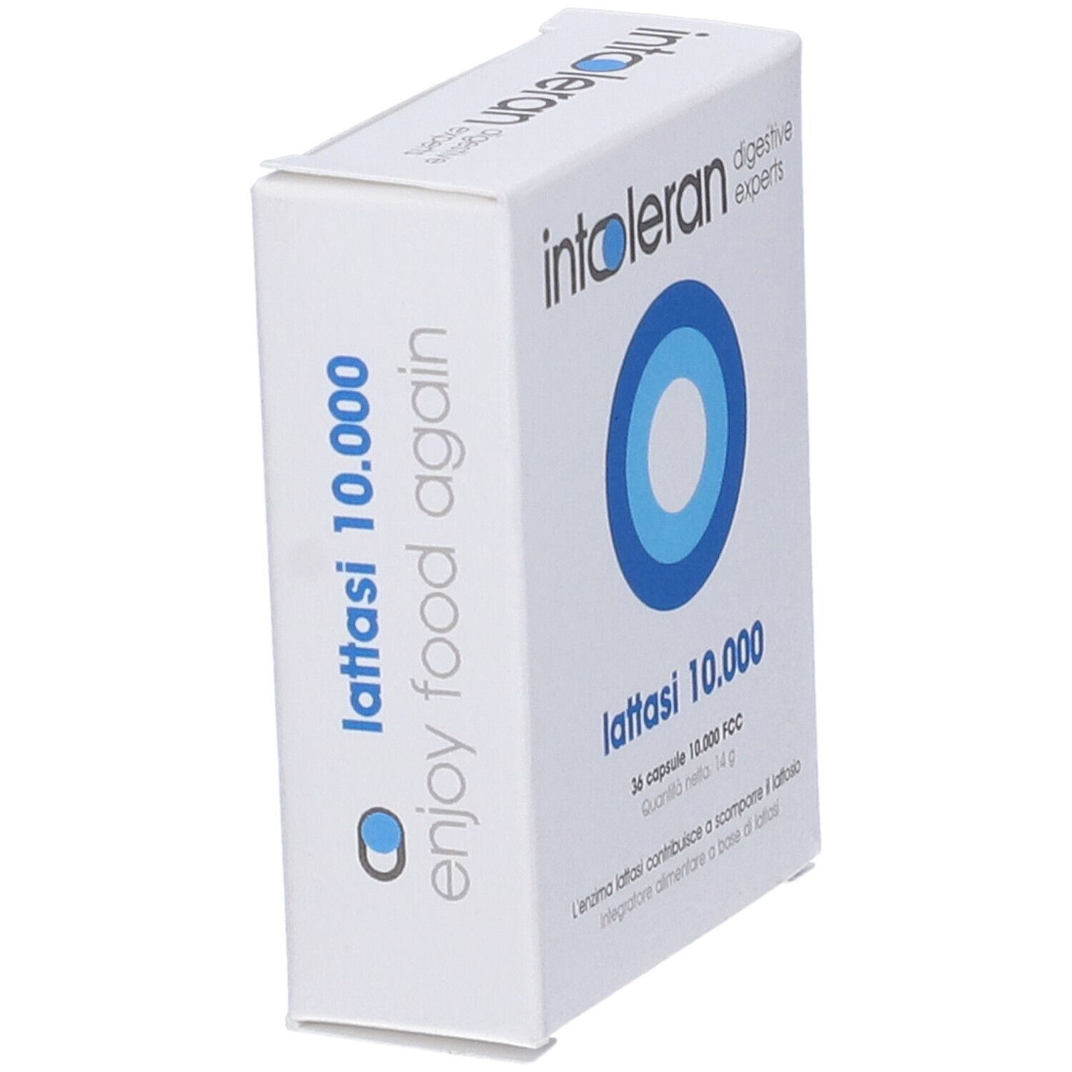 Boîte blanche avec logo cercle bleu. Texte : Intoleran, Lattasi 10.000, 36 gélules. Contient des informations sur le produit.
