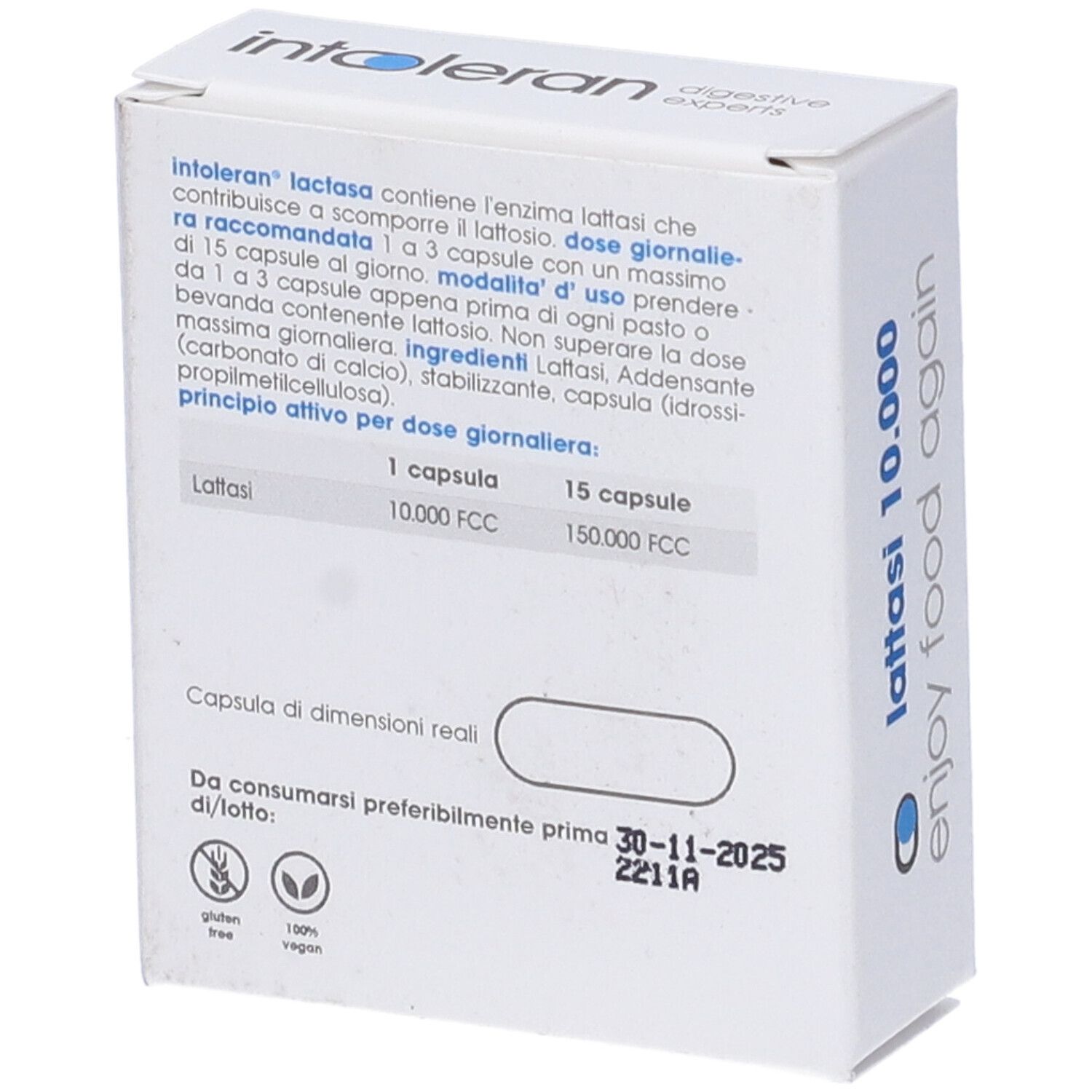 Boîte blanche avec logo cercle bleu. Texte : Intoleran, Lattasi 10.000, 36 gélules. Contient des informations sur le produit.