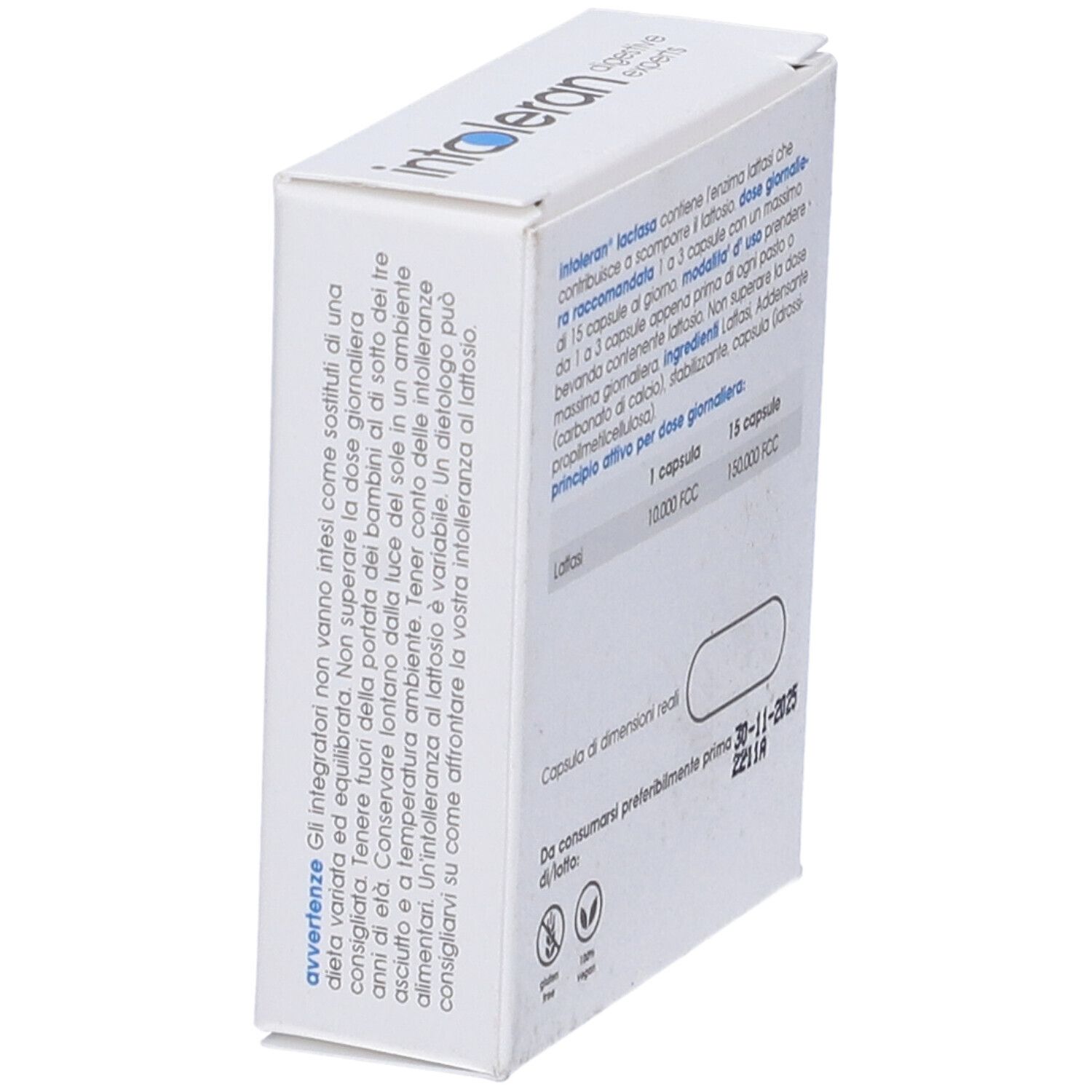 Boîte blanche avec logo cercle bleu. Texte : Intoleran, Lattasi 10.000, 36 gélules. Contient des informations sur le produit.