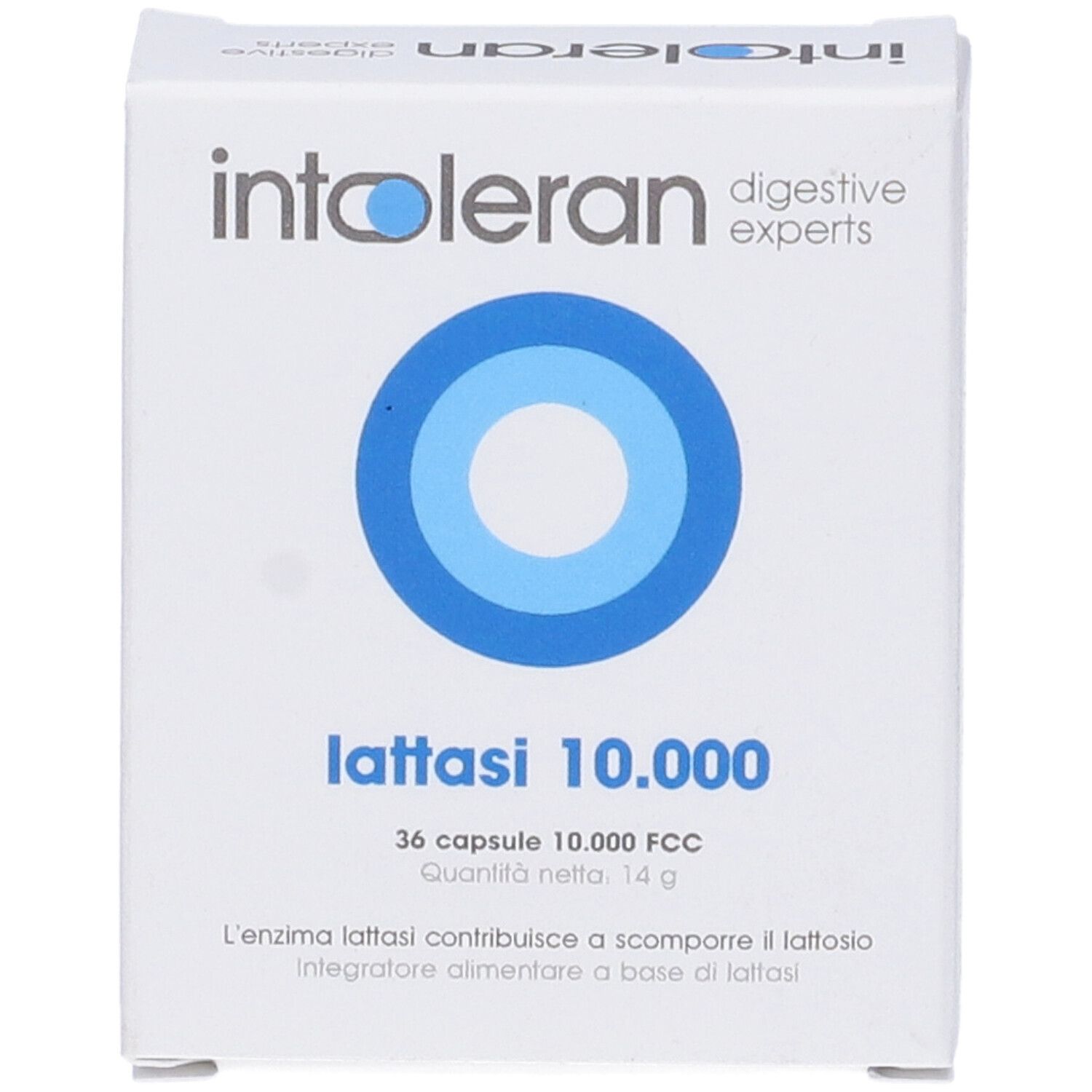 Boîte blanche avec logo cercle bleu. Texte : Intoleran, Lattasi 10.000, 36 gélules. Contient des informations sur le produit.