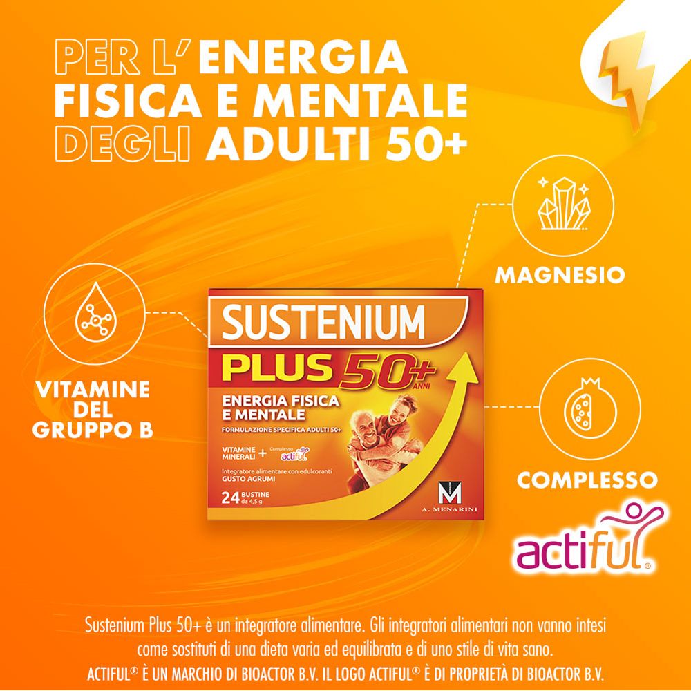 Sustenium Plus 50+ avec vitamines, minéraux et Actiful®. Pour l'énergie physique et mentale.