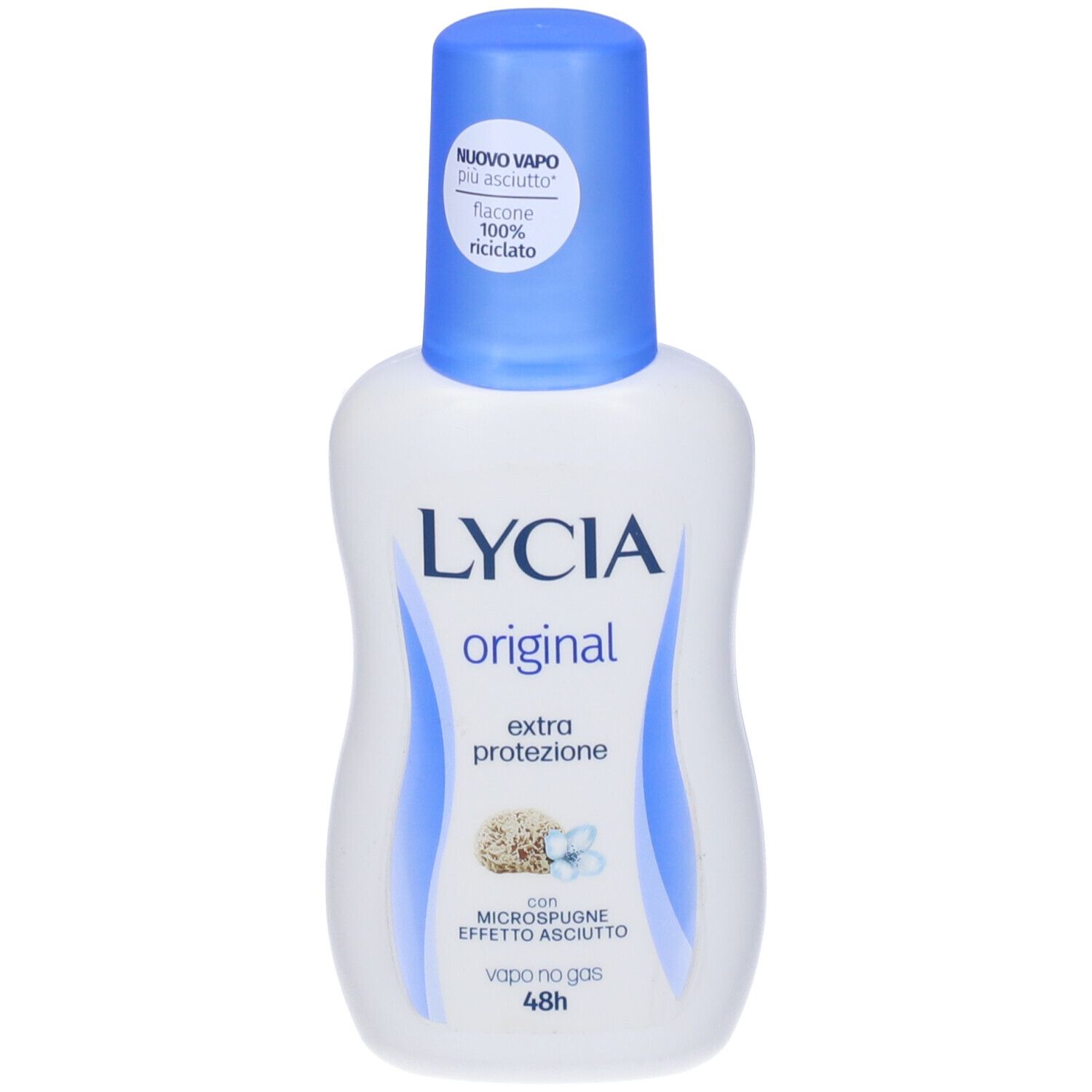 Weiße Flasche mit blauem Deckel. Aufschrift: LYCIA original, extra protezione. Mit Microsponge-Effekt. Vapo no gas 48h.