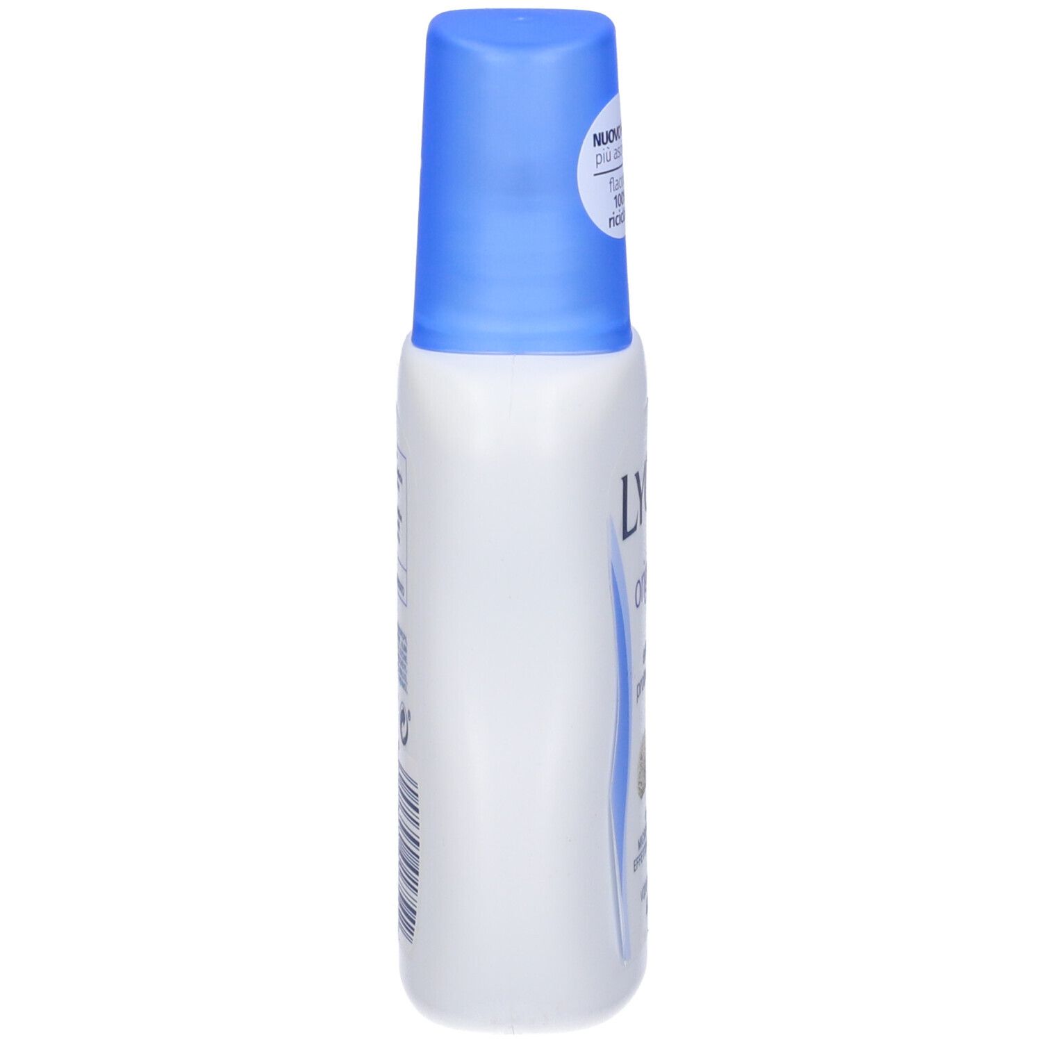 Weiße Flasche mit blauem Deckel. Aufschrift: LYCIA original, extra protezione. Mit Microsponge-Effekt. Vapo no gas 48h.
