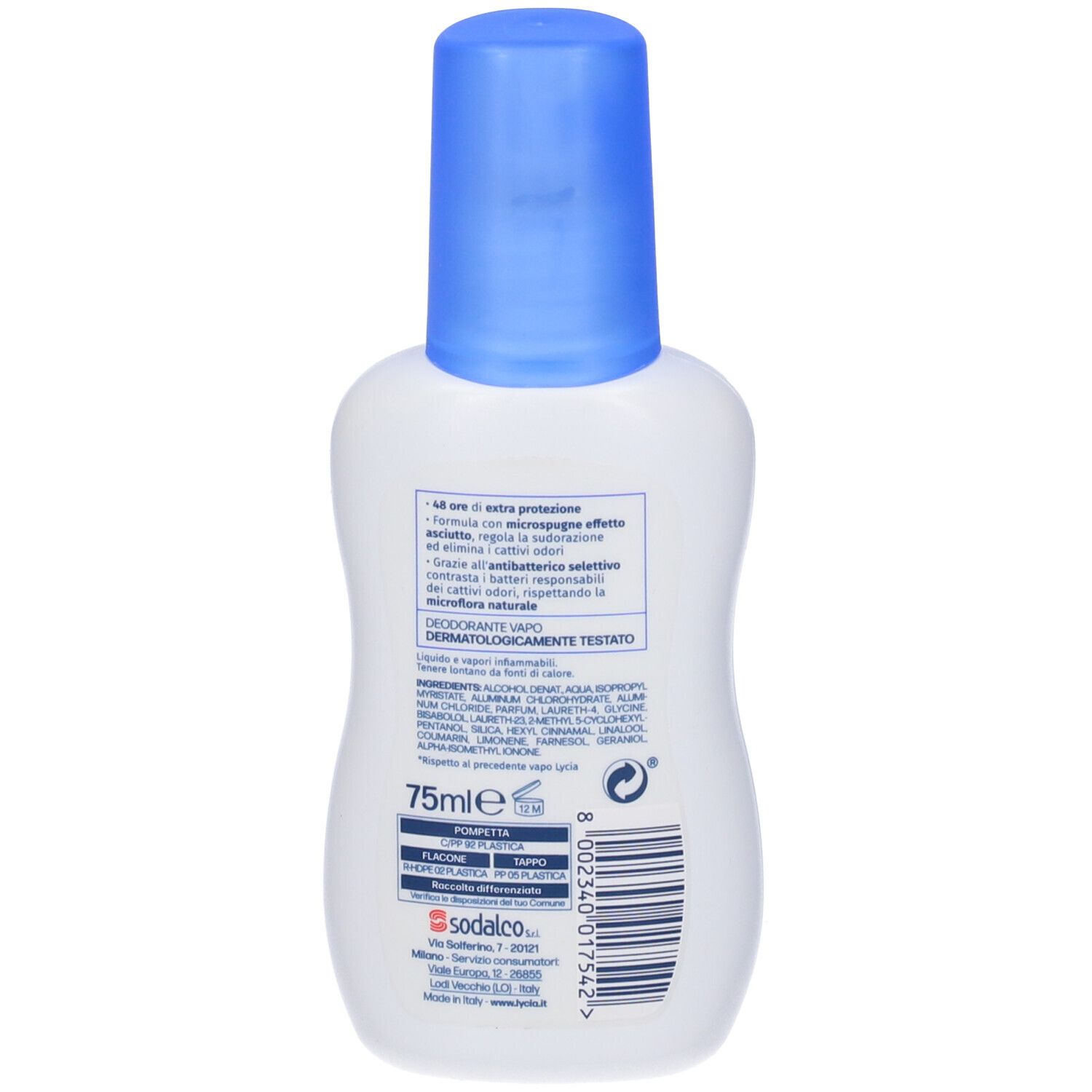 Rückseite einer weißen Flasche mit blauem Deckel. Textinformationen und Inhaltsstoffe sind sichtbar.
