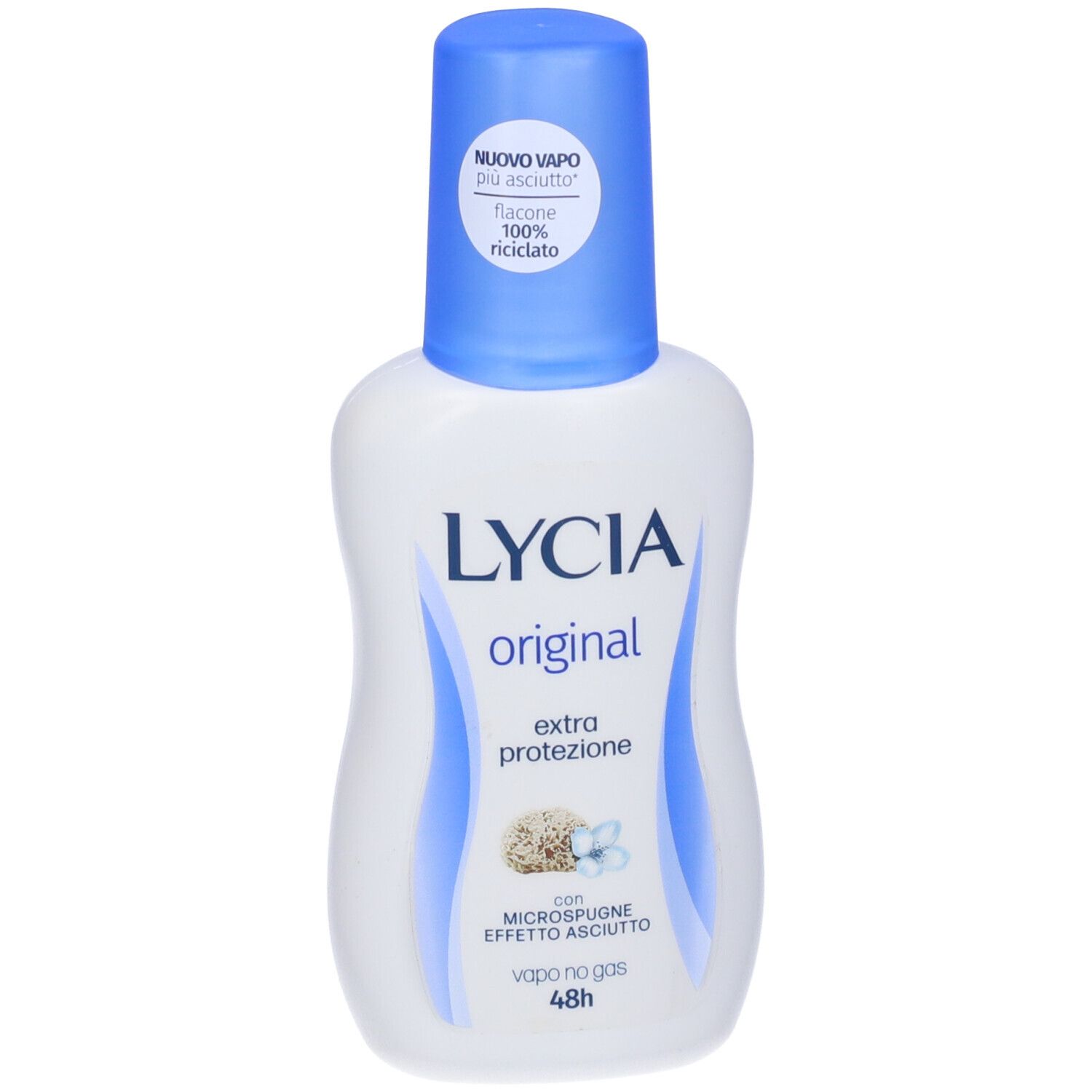 Weiße Flasche mit blauem Deckel. Aufschrift: LYCIA original, extra protezione. Mit Microsponge-Effekt. Vapo no gas 48h.