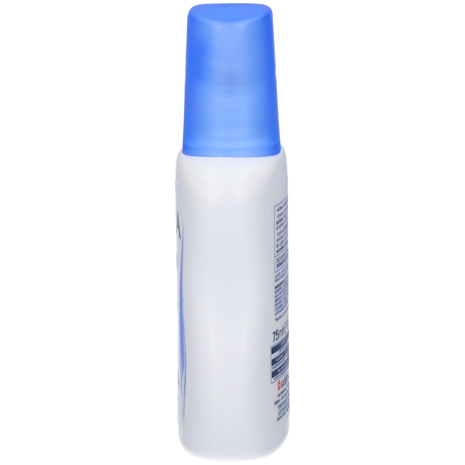 Seitenansicht einer weißen Flasche mit blauem Deckel. Textinformationen sind sichtbar.
