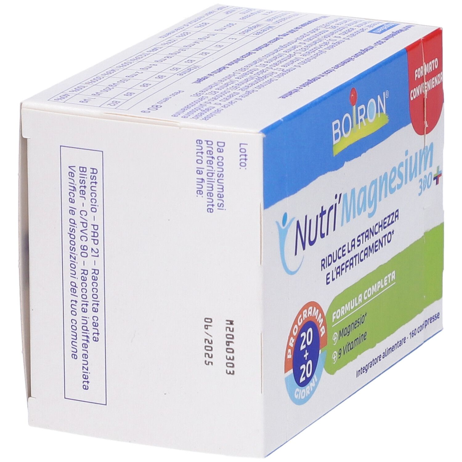 Boîte BOIRON Nutri'Magnesium 300+ en perspective. Texte en italien. Contient des informations sur l'utilisation et les ingrédients.
