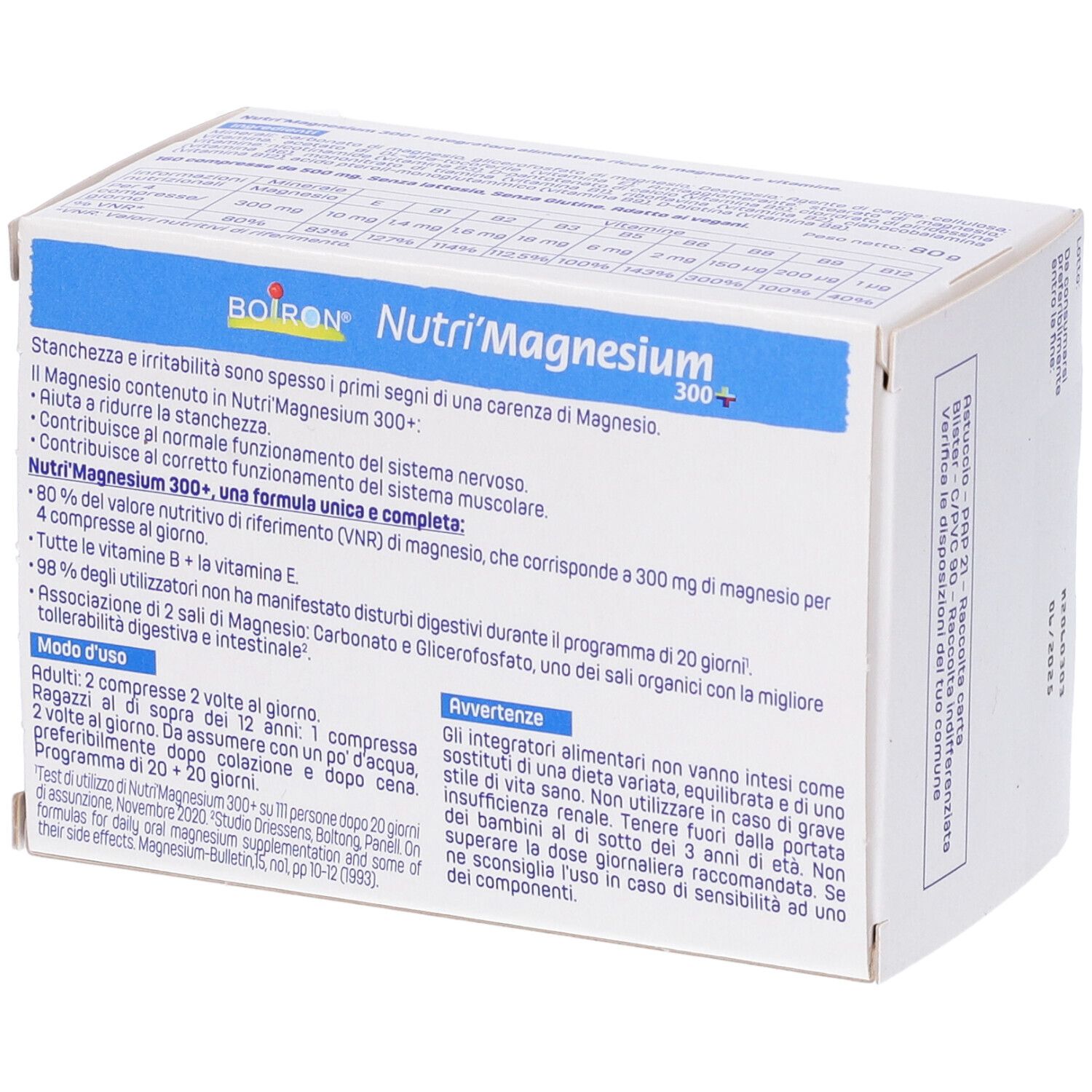 Boîte BOIRON Nutri'Magnesium 300+ avec texte en italien. Contient des informations sur les ingrédients et l'utilisation.