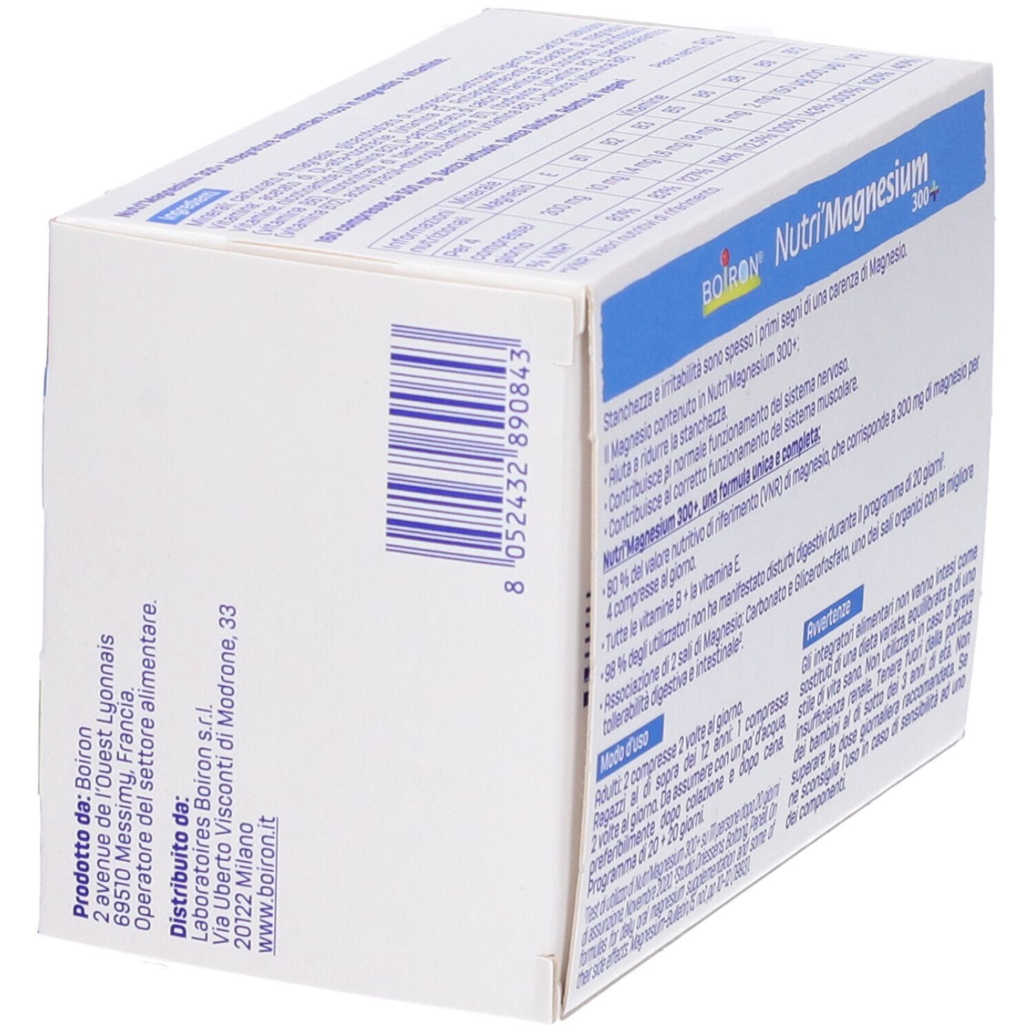 Boîte BOIRON Nutri'Magnesium 300+ en perspective. Texte en italien. Contient des informations sur la fabrication et la distribution.