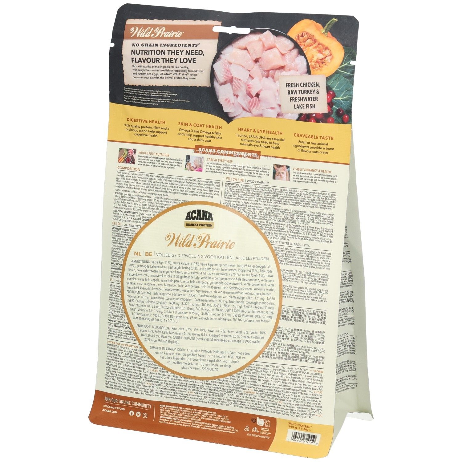 Rückseite der Katzenfutterverpackung. Zutatenliste, Abbildung von Fleisch und Gemüse. Informationen zu Gesundheit.
