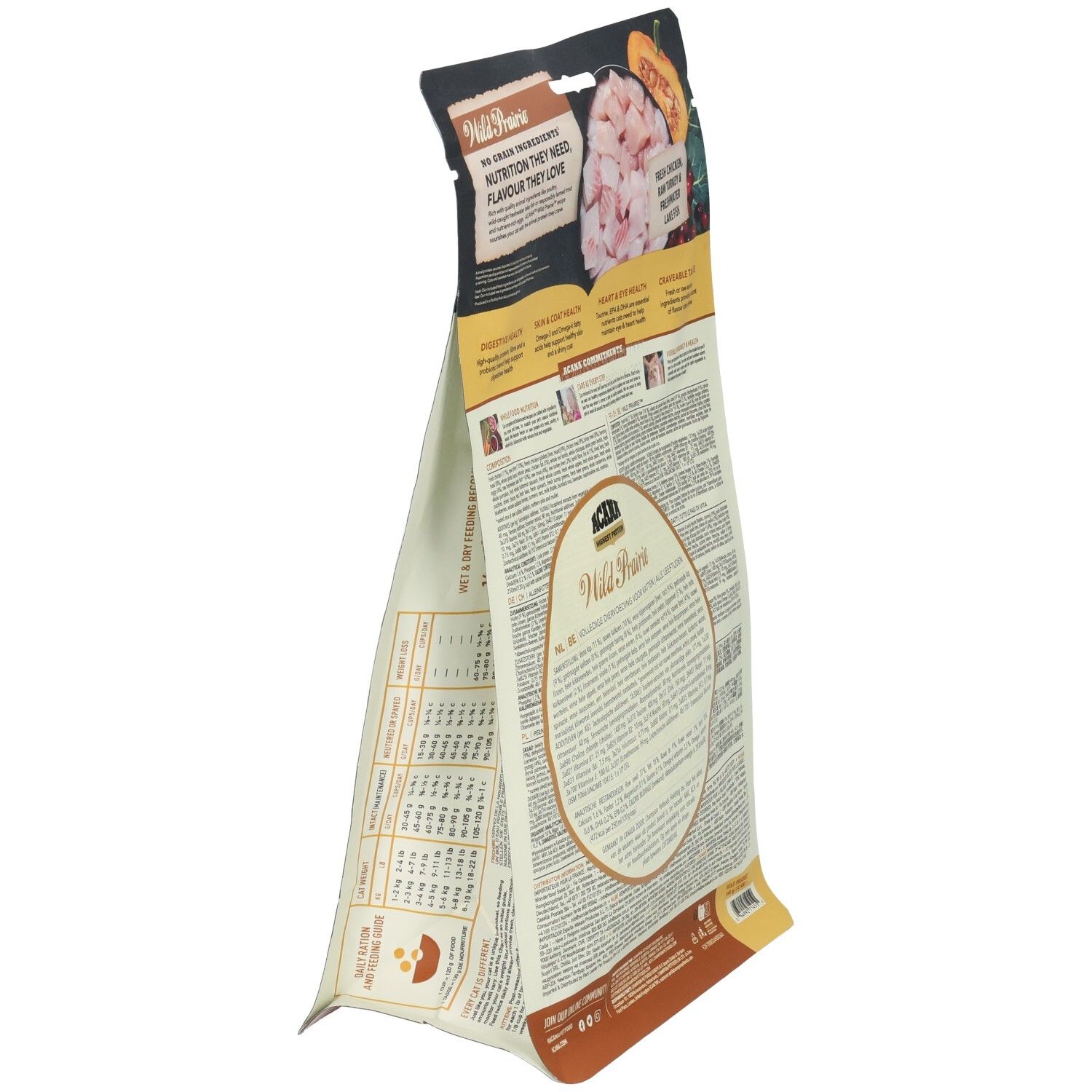 Katzenfutterverpackung, seitliche Ansicht. Zutatenliste und Abbildung von Fleisch und Gemüse. Marke ACANA.
