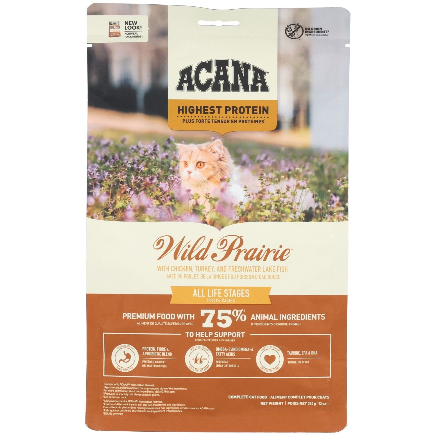 Katzenfutterbeutel, Vorderansicht. Marke ACANA, Wild Prairie, Highest Protein. Bild einer Katze. 75% tierische Zutaten.