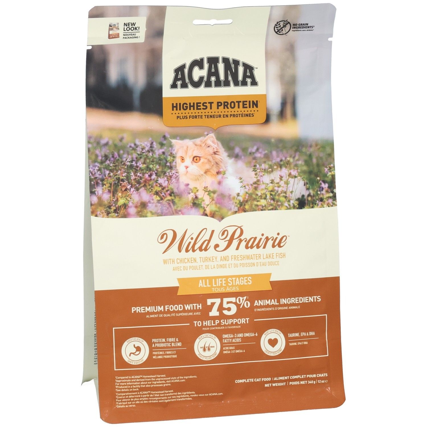 Katzenfutterbeutel, Vorderansicht. Marke ACANA, Wild Prairie, Highest Protein. Bild einer Katze. 75% tierische Zutaten.