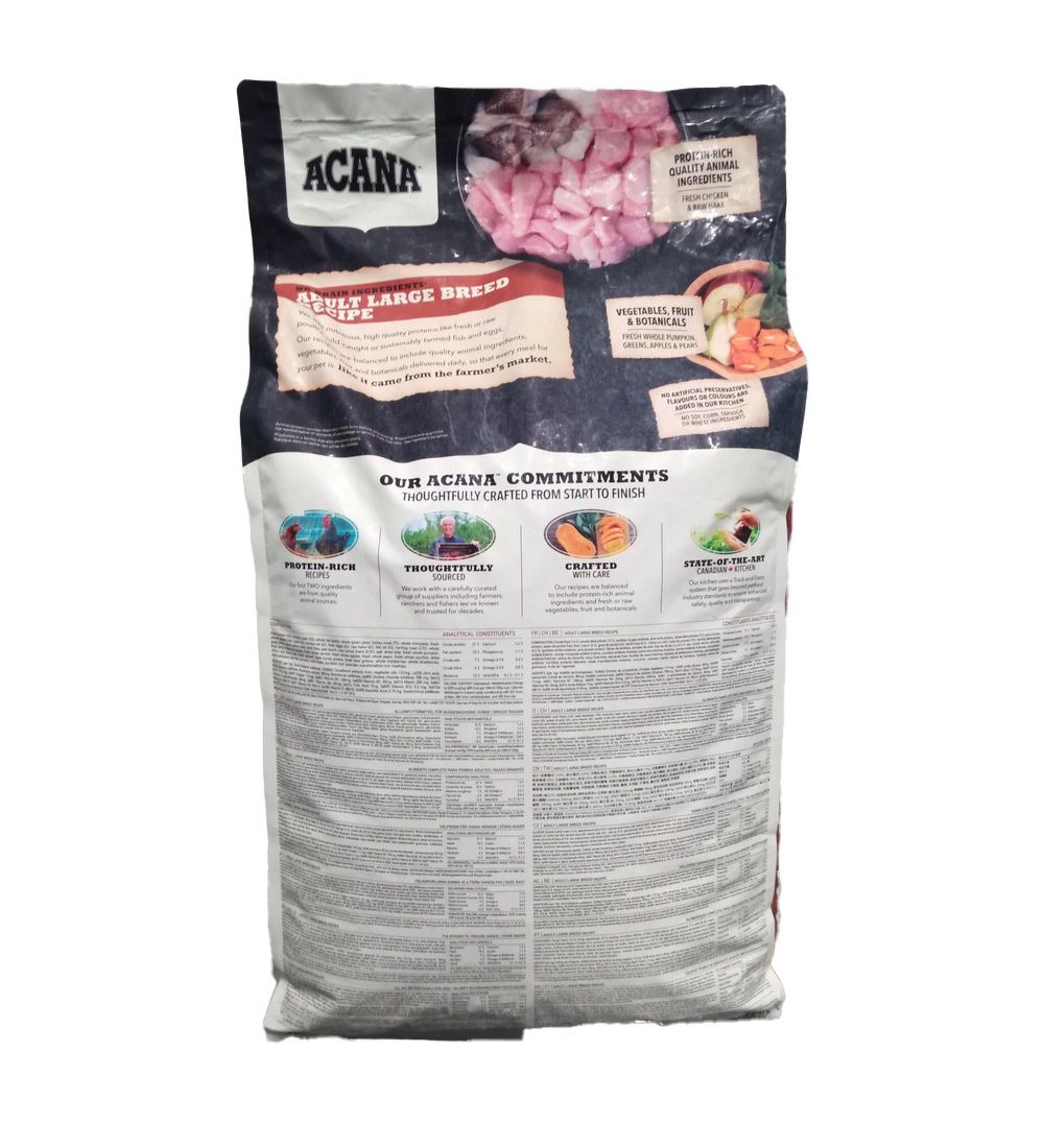 Dos du sac de nourriture pour chiens ACANA ADULT LARGE BREED. Contient des informations sur les ingrédients et les valeurs nutritionnelles.