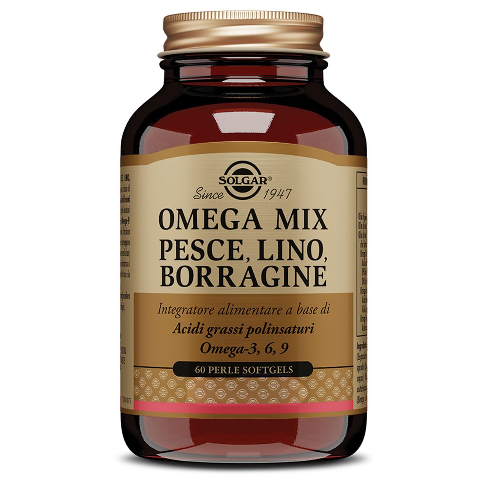 Braune Glasflasche mit goldfarbenem Deckel. Etikett mit SOLGAR, Omega Mix, Fisch, Leinen, Borretsch. 60 Softgels.