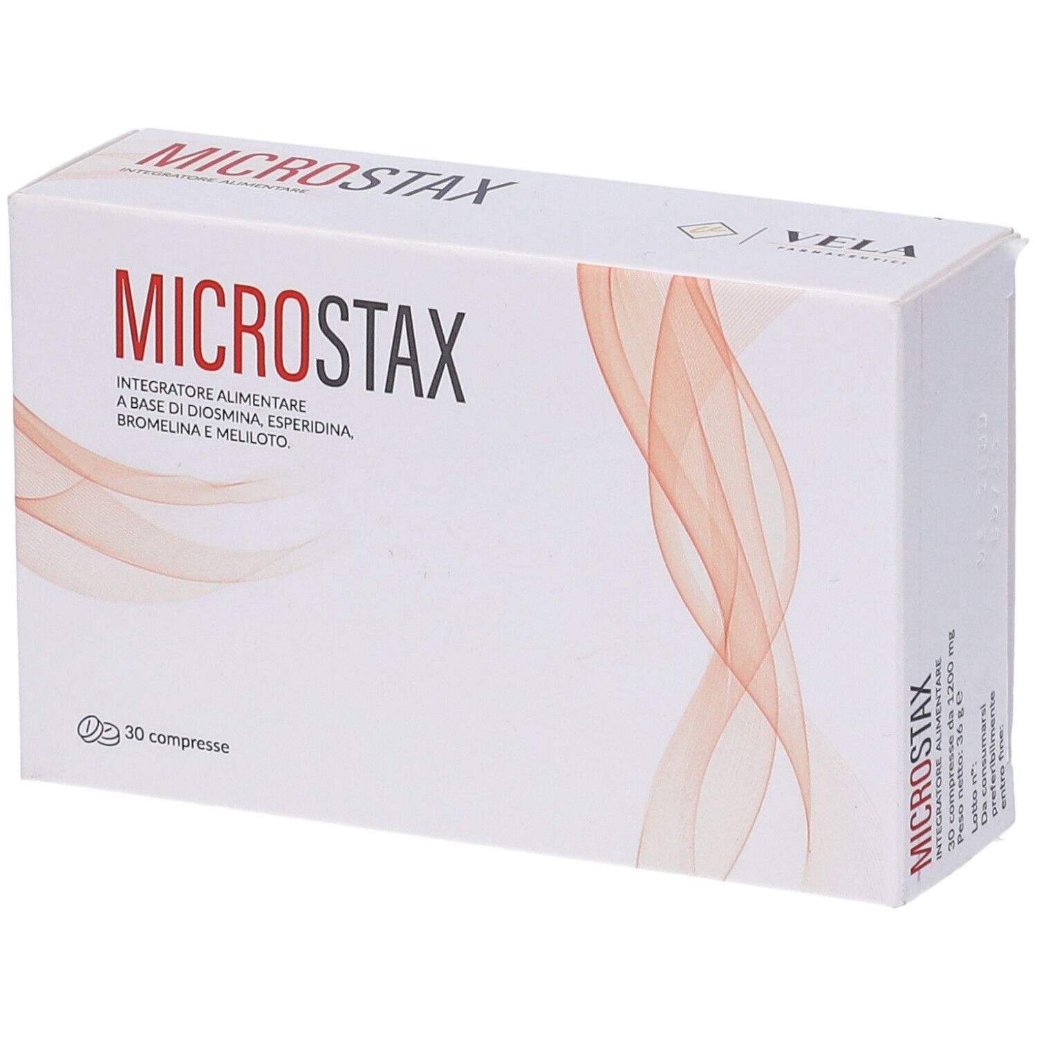 Weiße Schachtel mit rotem "MICROSTAX"-Schriftzug. "Integratore Alimentare" und Inhaltsstoffe. 30 compresse. Rote, geschwungene Linien.