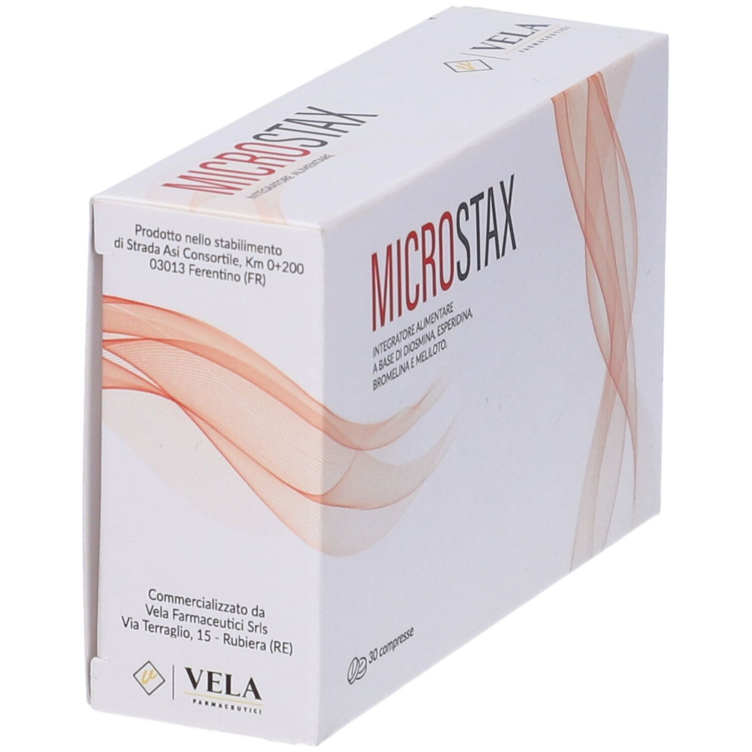 Weiße Schachtel mit rotem "MICROSTAX"-Schriftzug. "Integratore Alimentare" und Inhaltsstoffe. 30 compresse. Rote, geschwungene Linien.