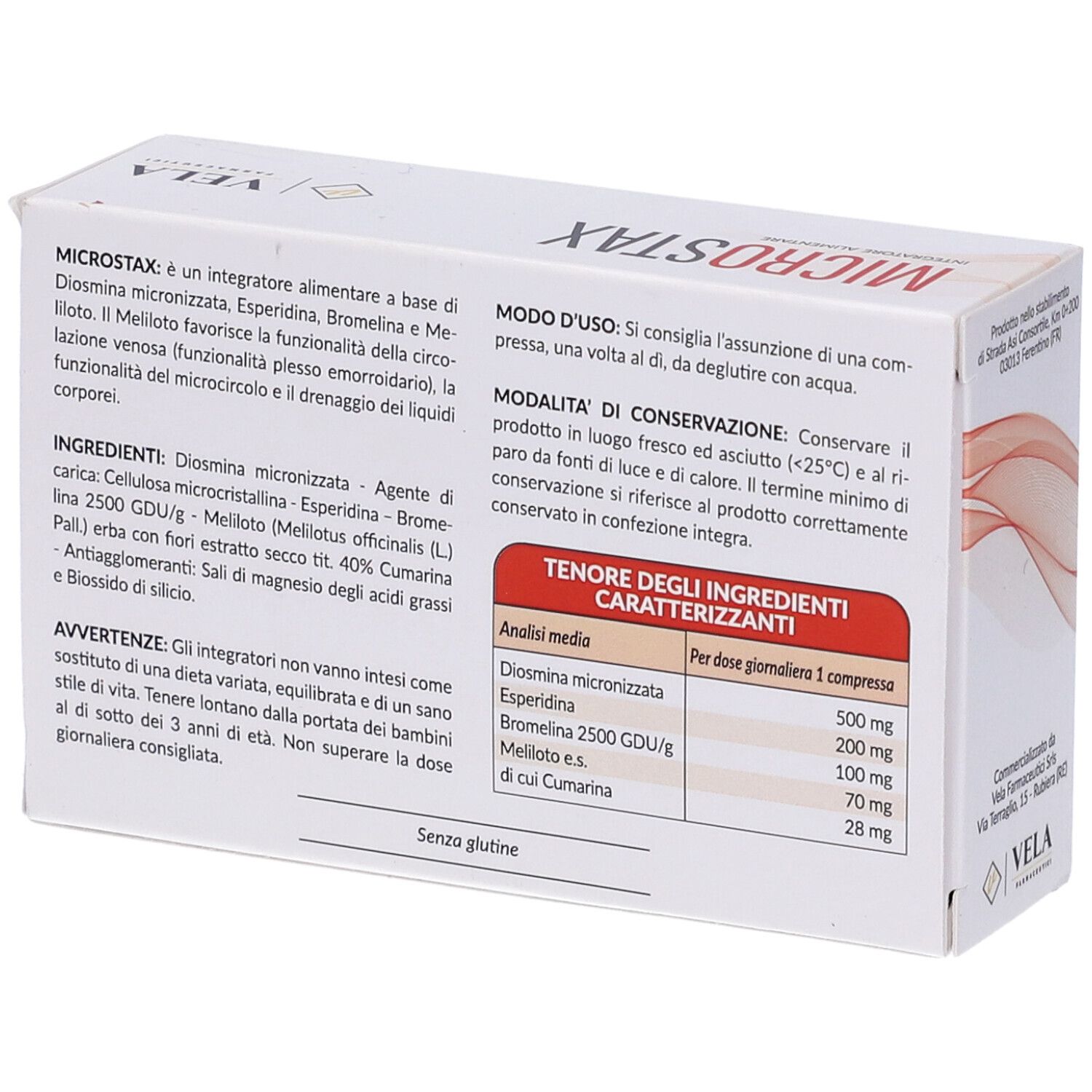 Weiße Schachtel mit rotem "MICROSTAX"-Schriftzug. Rückseite mit Inhaltsstoffen und Anwendungshinweisen. 30 compresse.