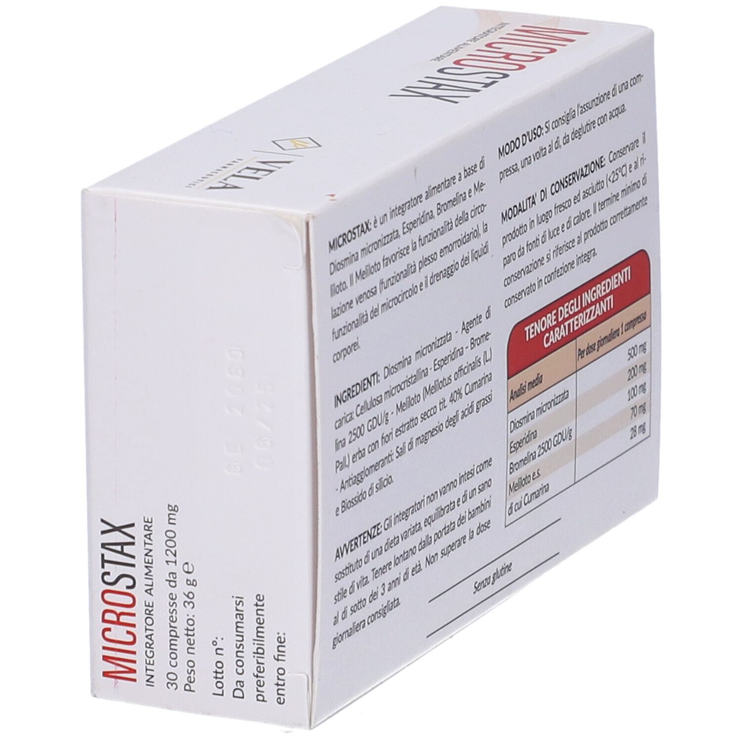 Weiße Schachtel mit rotem "MICROSTAX"-Schriftzug. Rückseite mit Inhaltsstoffen und Anwendungshinweisen. 30 compresse.