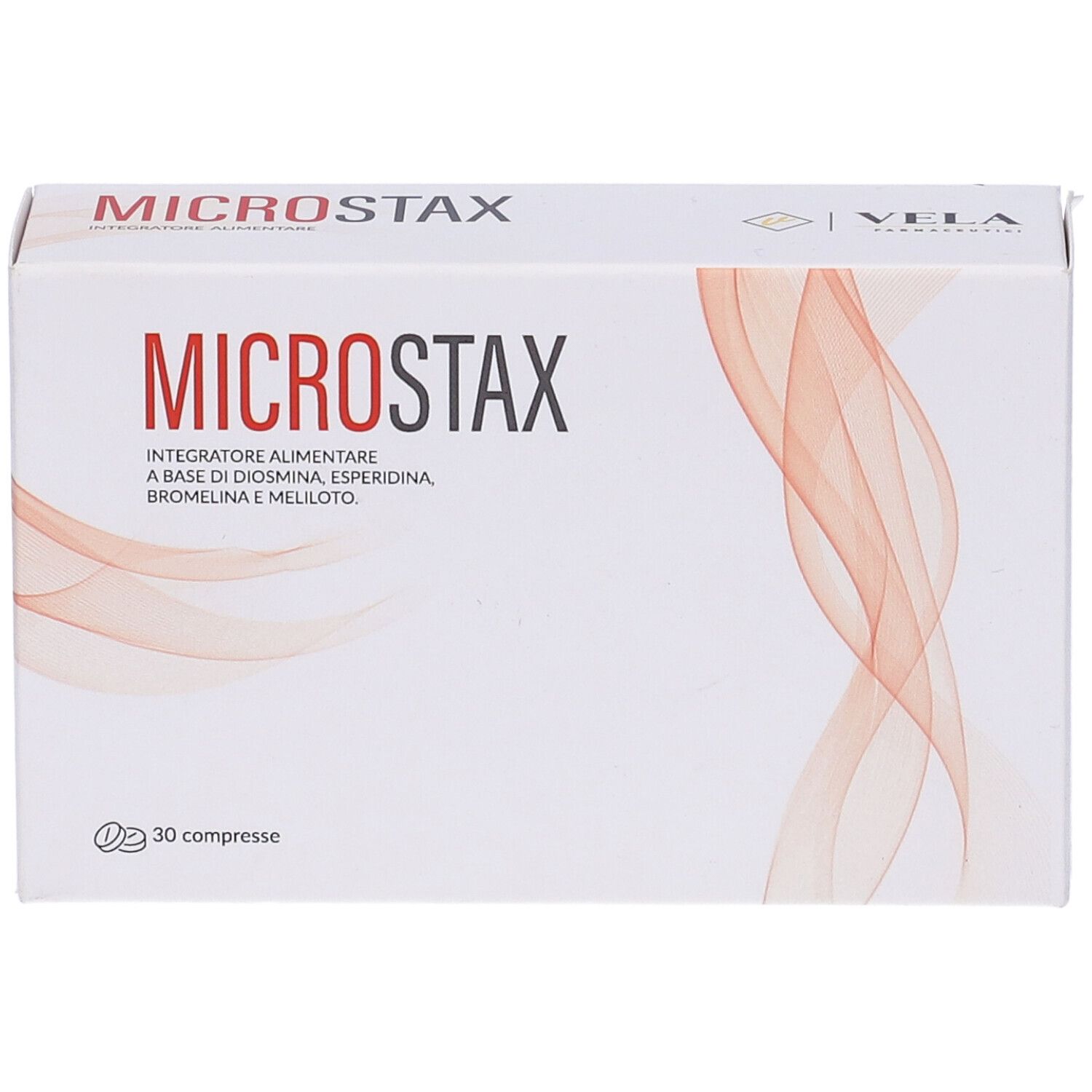Weiße Schachtel mit rotem "MICROSTAX"-Schriftzug. "Integratore Alimentare" und Inhaltsstoffe. 30 compresse. Rote, geschwungene Linien.