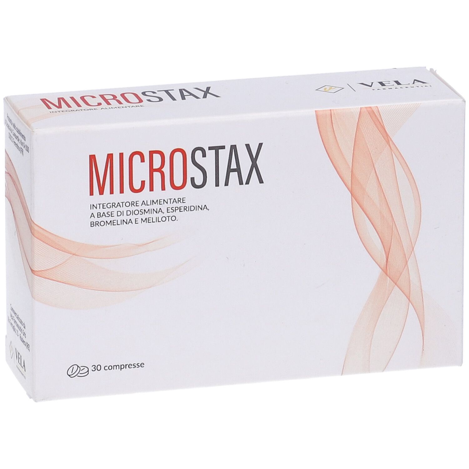 Weiße Schachtel mit rotem "MICROSTAX"-Schriftzug. "Integratore Alimentare" und Inhaltsstoffe. 30 compresse. Rote, geschwungene Linien.