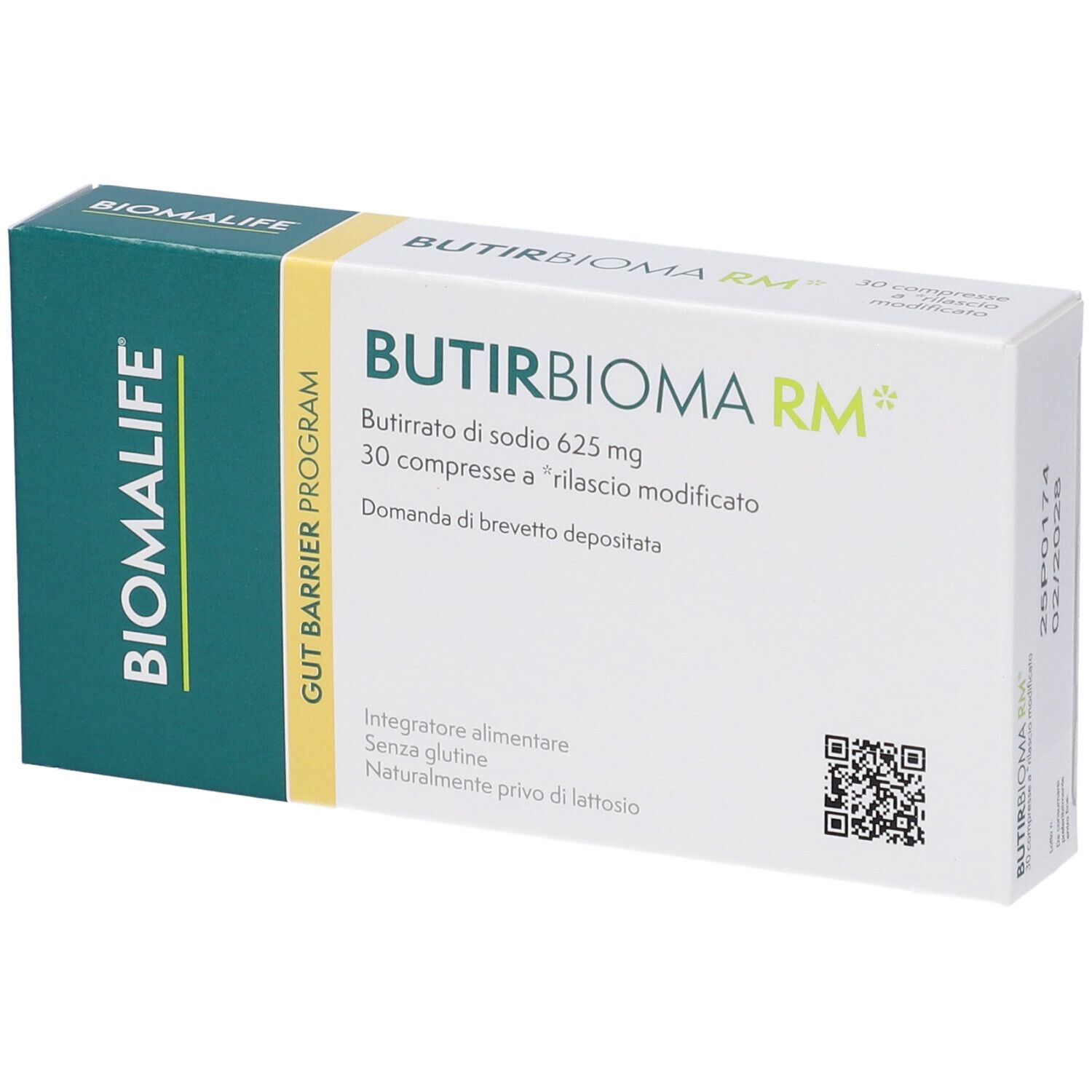 Weiße Schachtel mit grünen Akzenten. Aufschrift: Butirbioma RM, 30 Tabletten. Enthält Natriumbutyrat. Marke: Biomlife.
