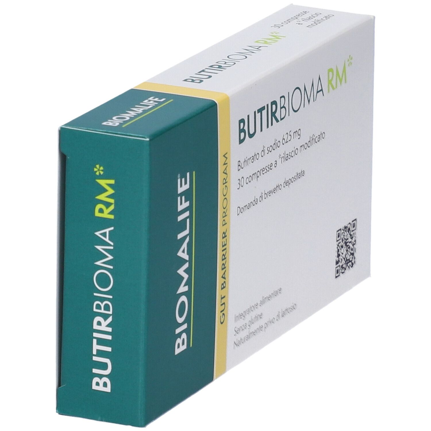 Schachtel Butirbioma RM, weiß mit grünen Akzenten. Text: 30 Tabletten, Natriumbutyrat. Marke Biomlife. QR-Code.
