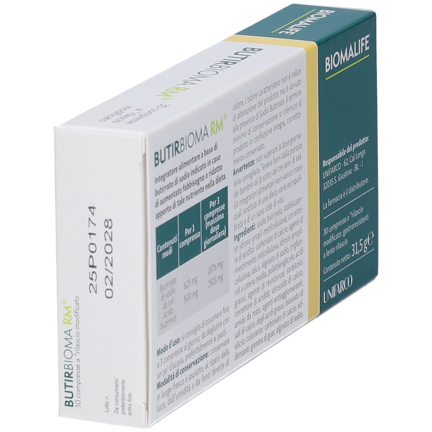 Schachtel Butirbioma RM, weiß mit grünen Akzenten. Text: 30 Tabletten, Natriumbutyrat. Marke Biomlife. Verfallsdatum.