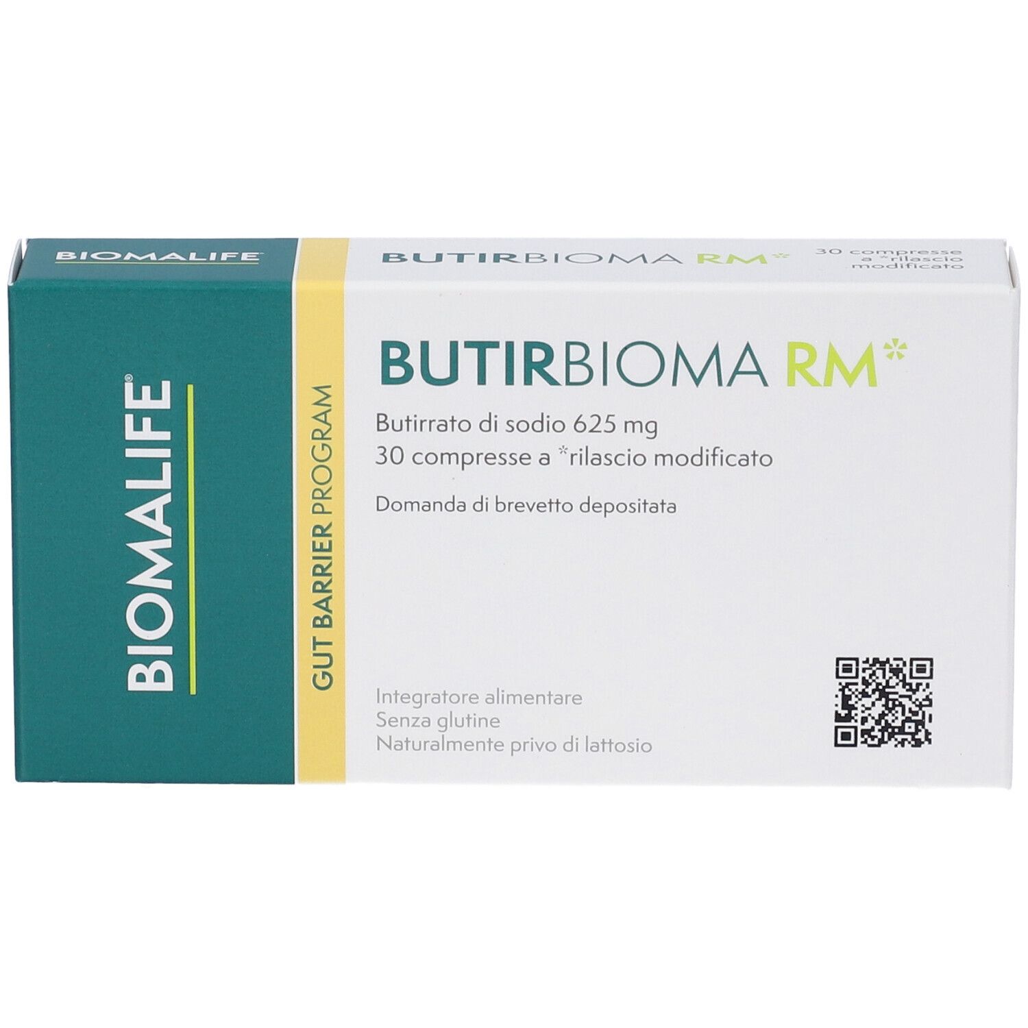 Weiße Schachtel mit grünen Akzenten. Aufschrift: Butirbioma RM, 30 Tabletten. Enthält Natriumbutyrat. Marke: Biomlife.