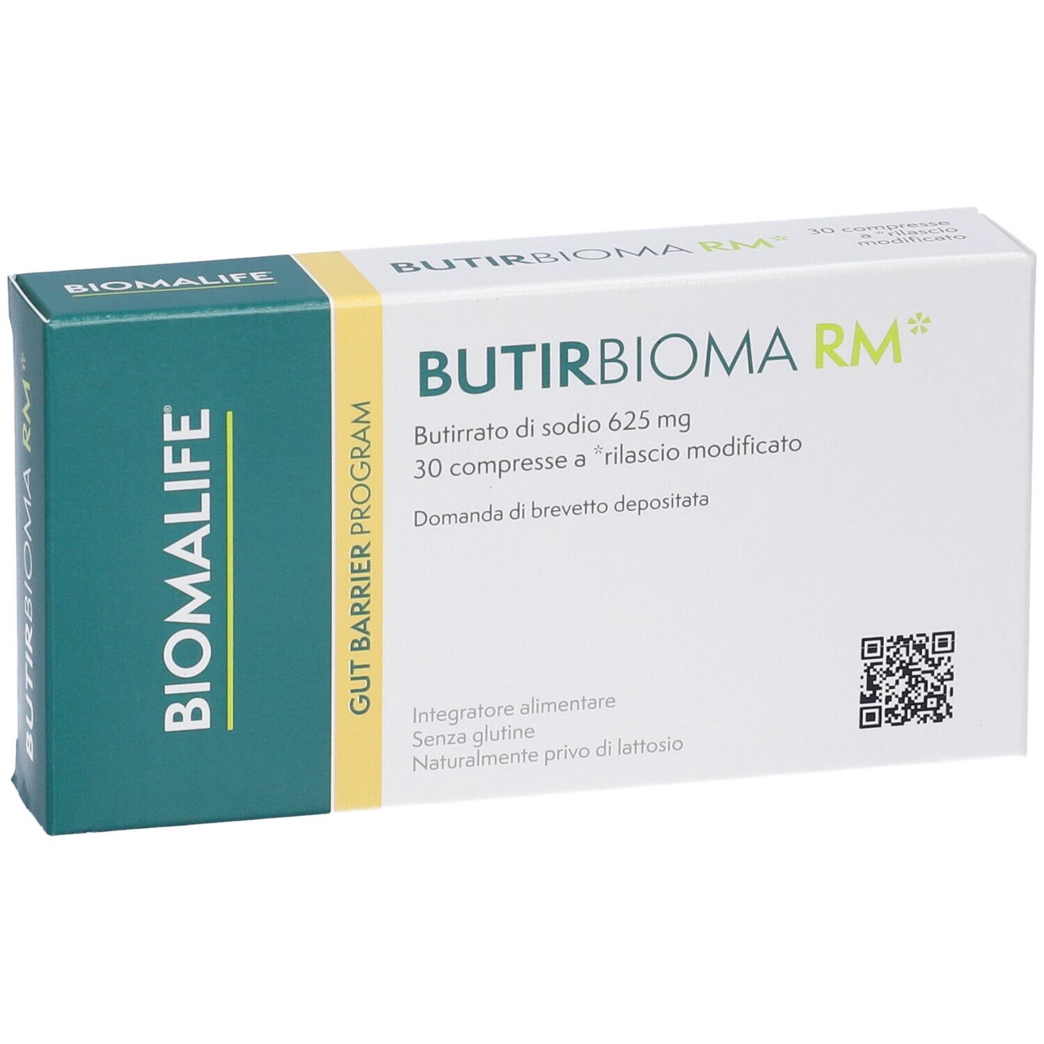 Weiße Schachtel mit grünen Akzenten. Aufschrift: Butirbioma RM, 30 Tabletten. Enthält Natriumbutyrat. Marke: Biomlife.