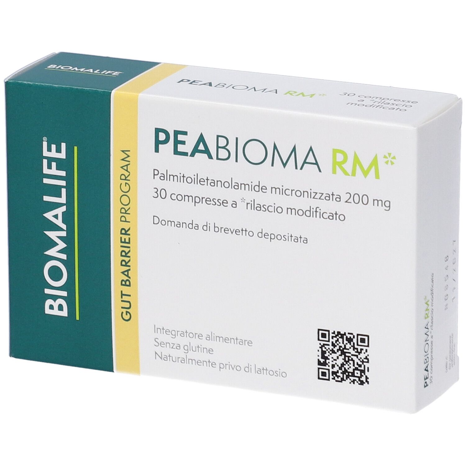Weiße Schachtel mit grünen Akzenten. Aufschrift PEABIOMA RM, 30 Tabletten. Marke BIOMALIFE.