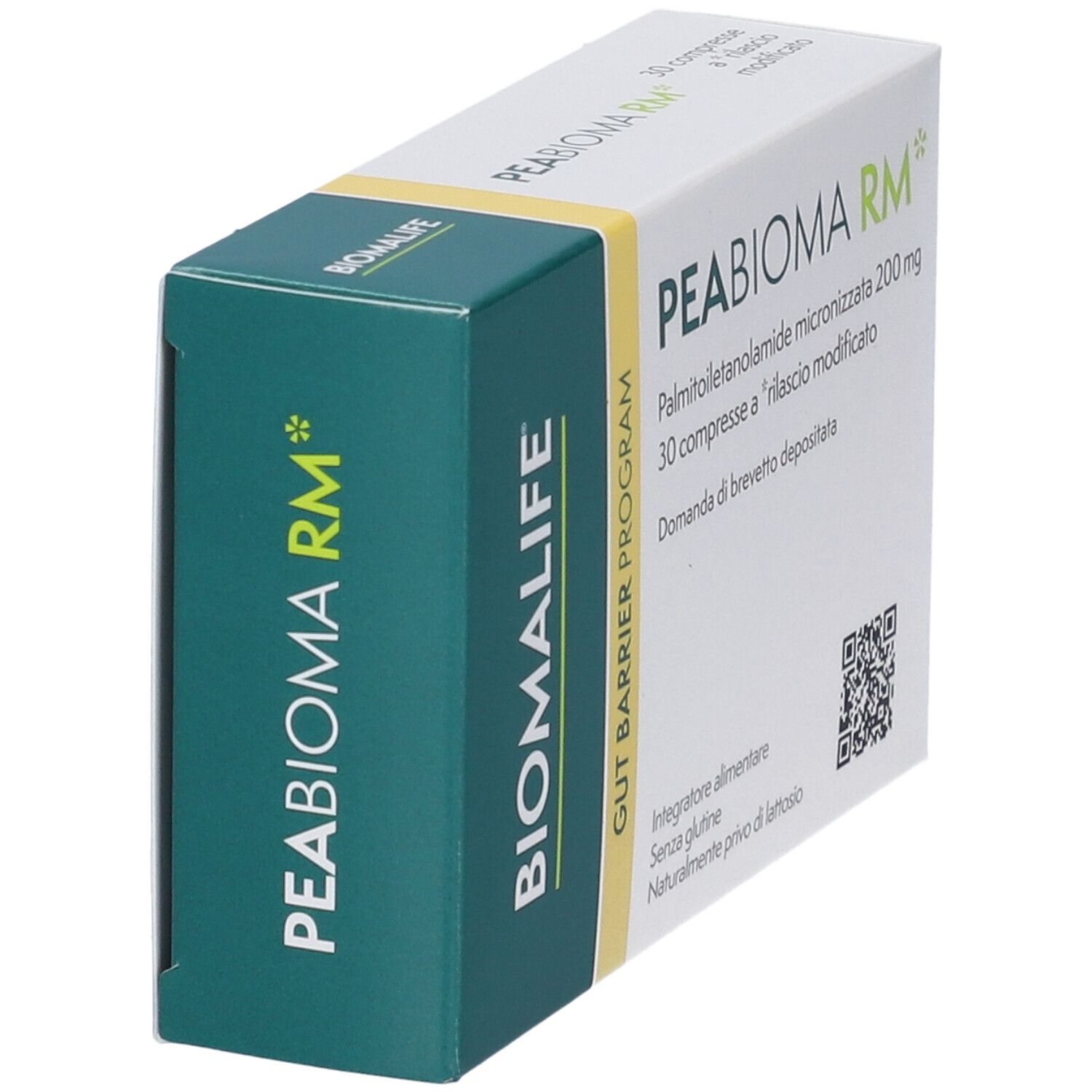 Schachtel, weiß und grün. Aufschrift PEABIOMA RM. Marke BIOMALIFE. Eckansicht.
