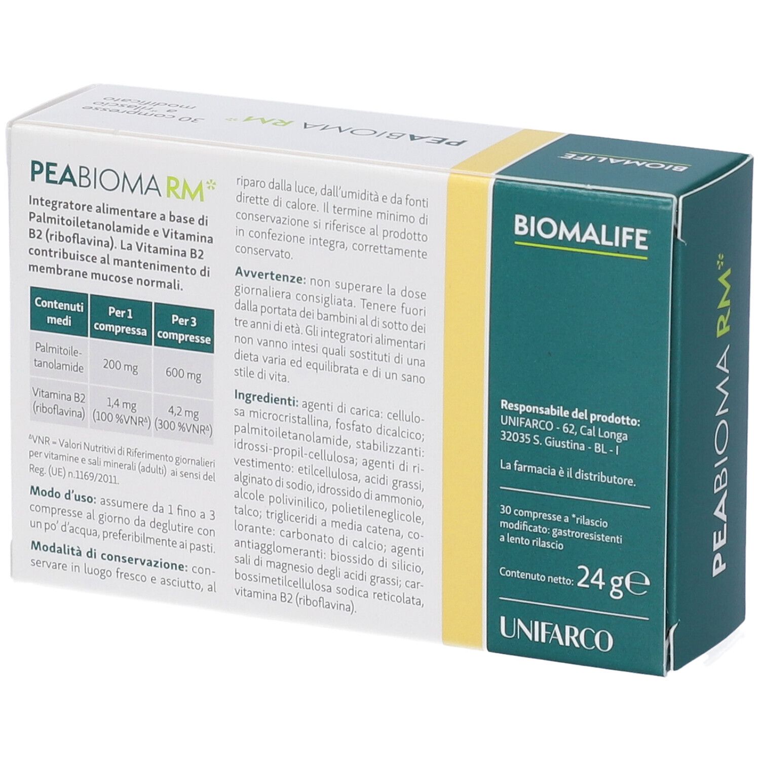 Rückseite der Schachtel. Text über Inhaltsstoffe, Anwendung und Warnhinweise. Marke BIOMALIFE.