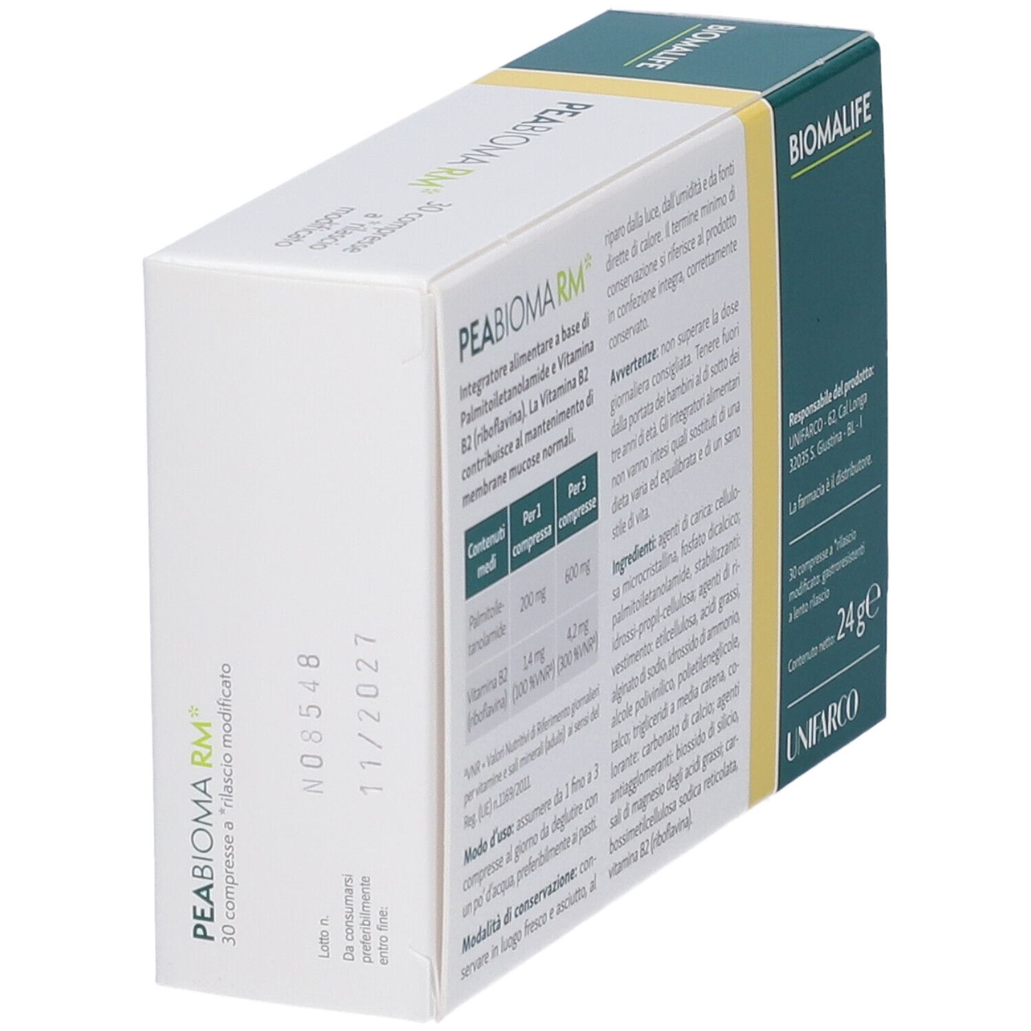Schachtel, weiß und grün. Aufschrift PEABIOMA RM. Marke BIOMALIFE. Eckansicht.