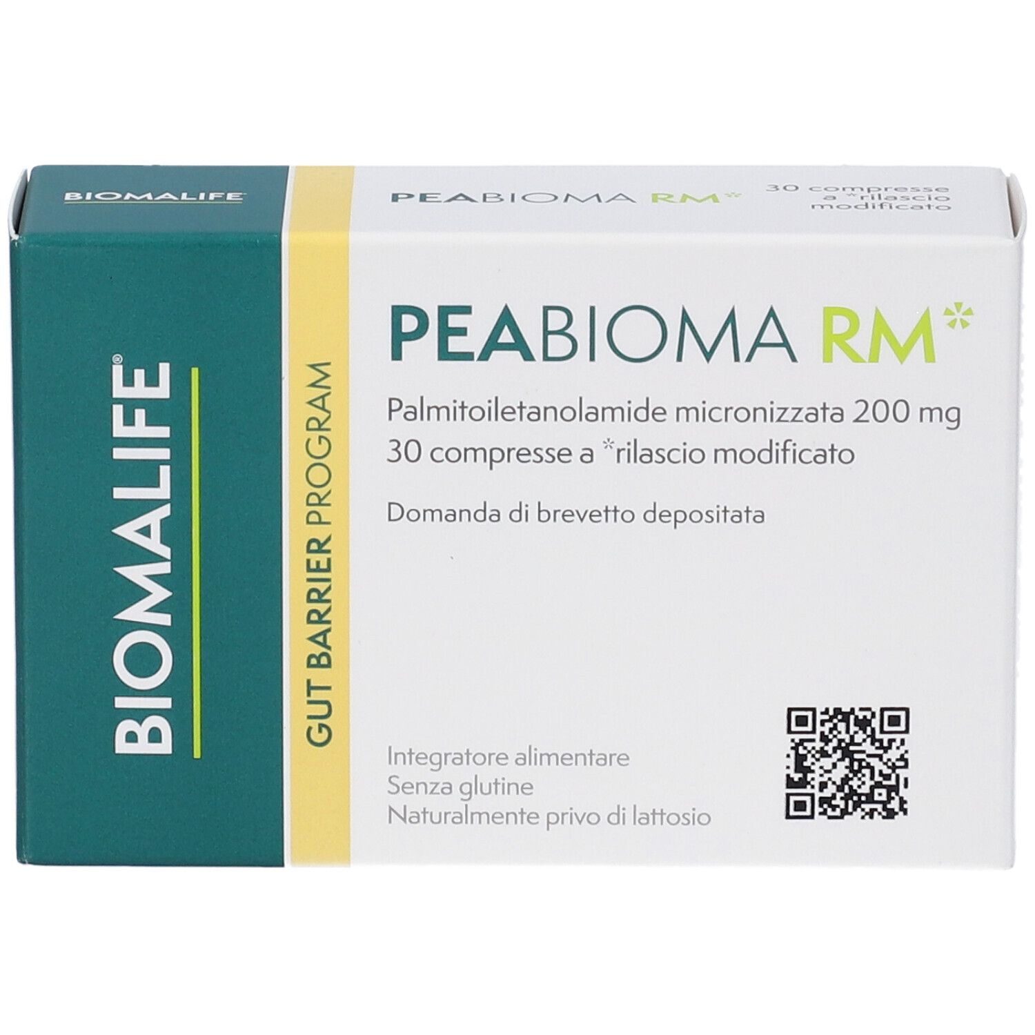 Weiße Schachtel mit grünen Akzenten. Aufschrift PEABIOMA RM, 30 Tabletten. Marke BIOMALIFE.