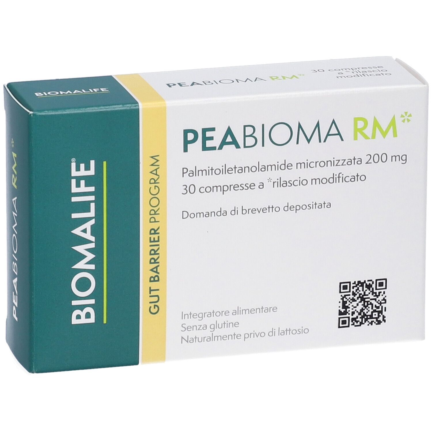 Weiße Schachtel mit grünen Akzenten. Aufschrift PEABIOMA RM, 30 Tabletten. Marke BIOMALIFE.