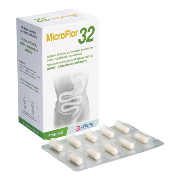 Boîte de gélules MicroFlor 32 et plaquette thermoformée de gélules.