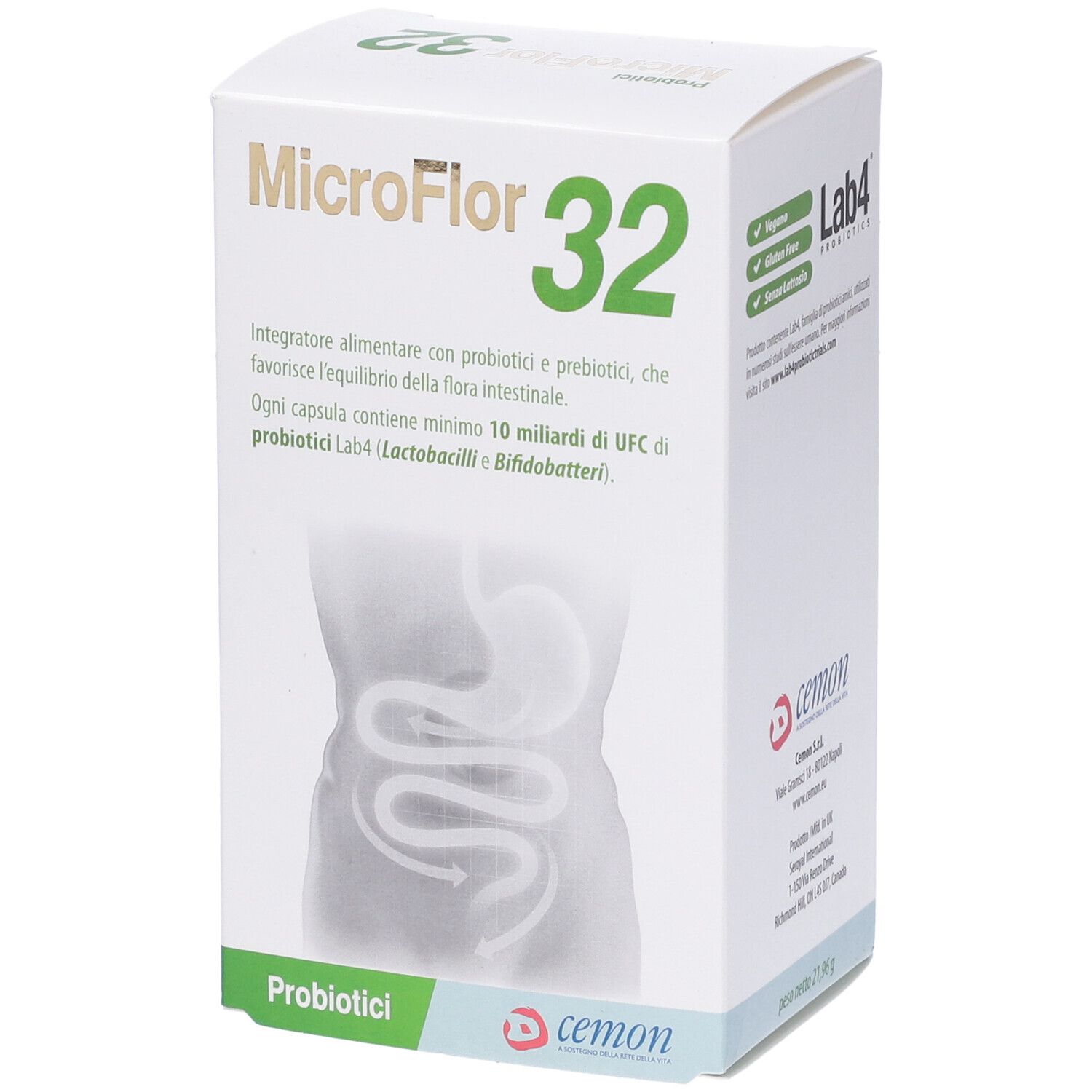 Boîte MicroFlor 32. Logo Lab4. Schéma de l'intestin.