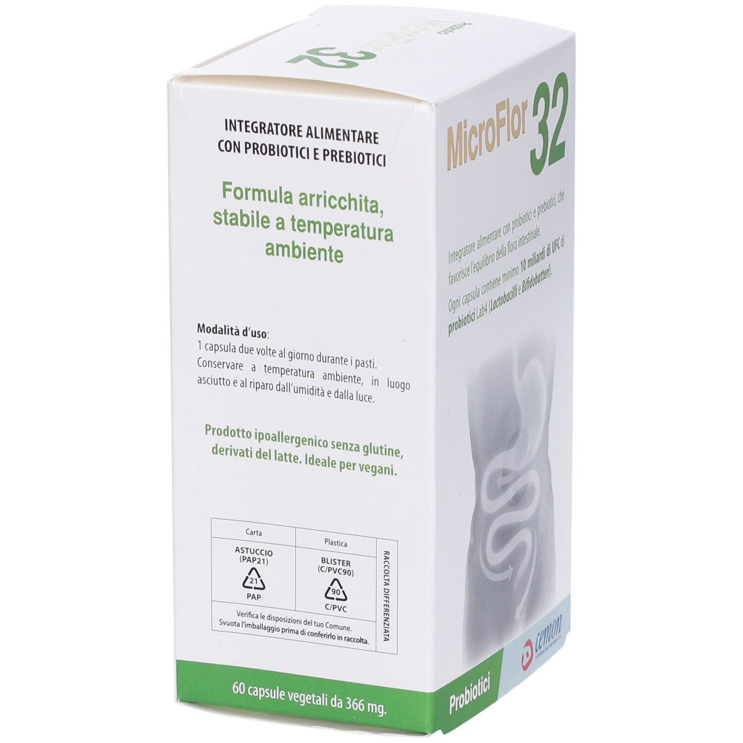 Boîte MicroFlor 32. Texte sur les ingrédients et l'utilisation.