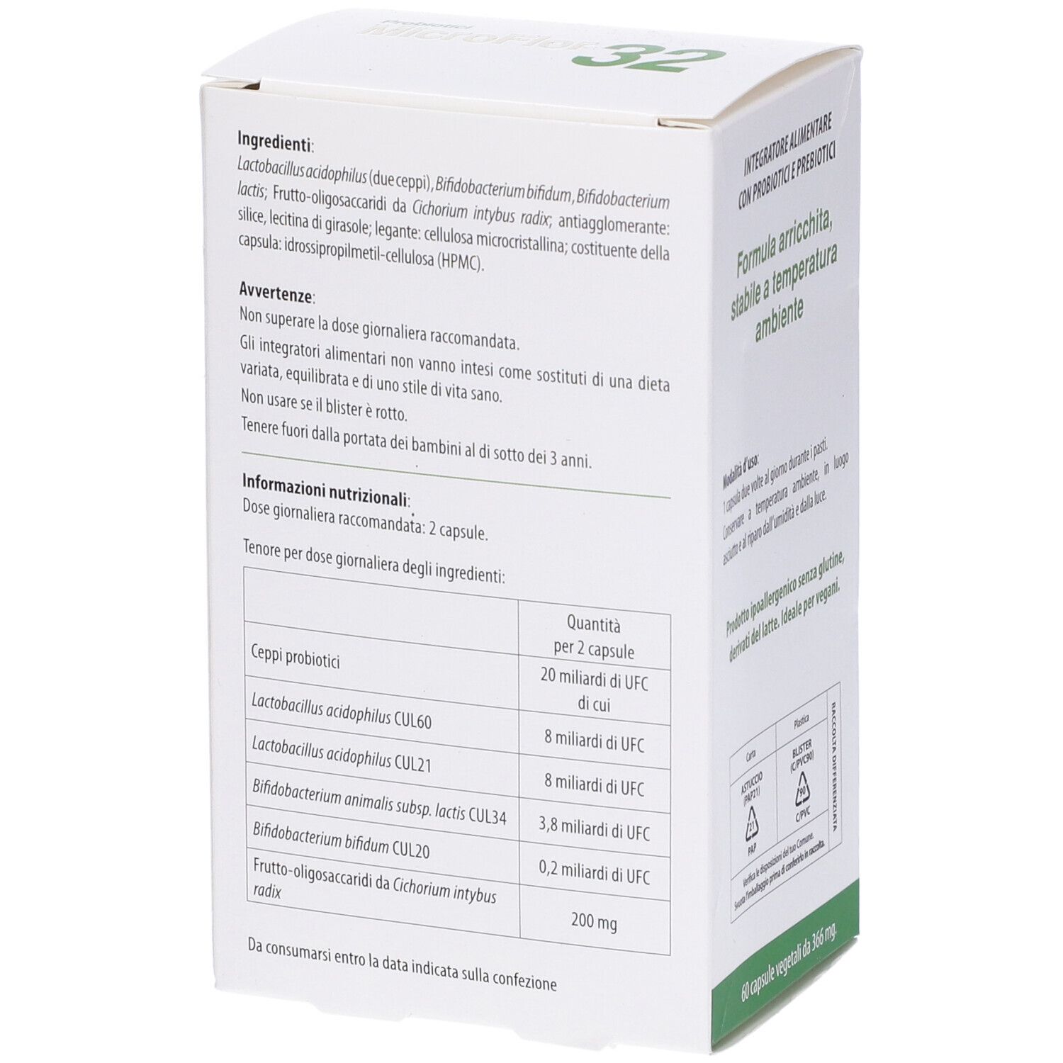 Dos de la boîte MicroFlor 32. Liste des ingrédients et informations nutritionnelles.