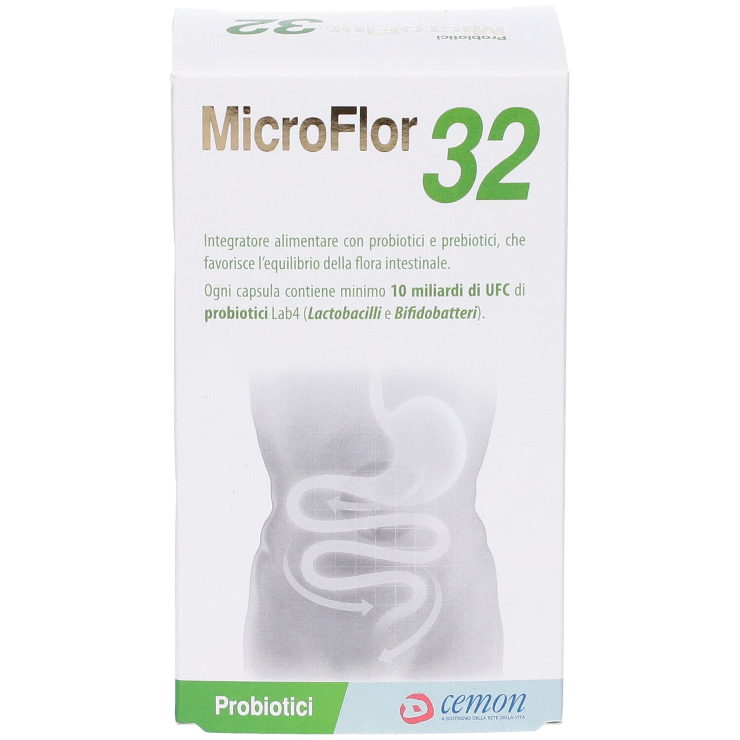 Boîte MicroFlor 32. Schéma de l'intestin. Logo Cemon.