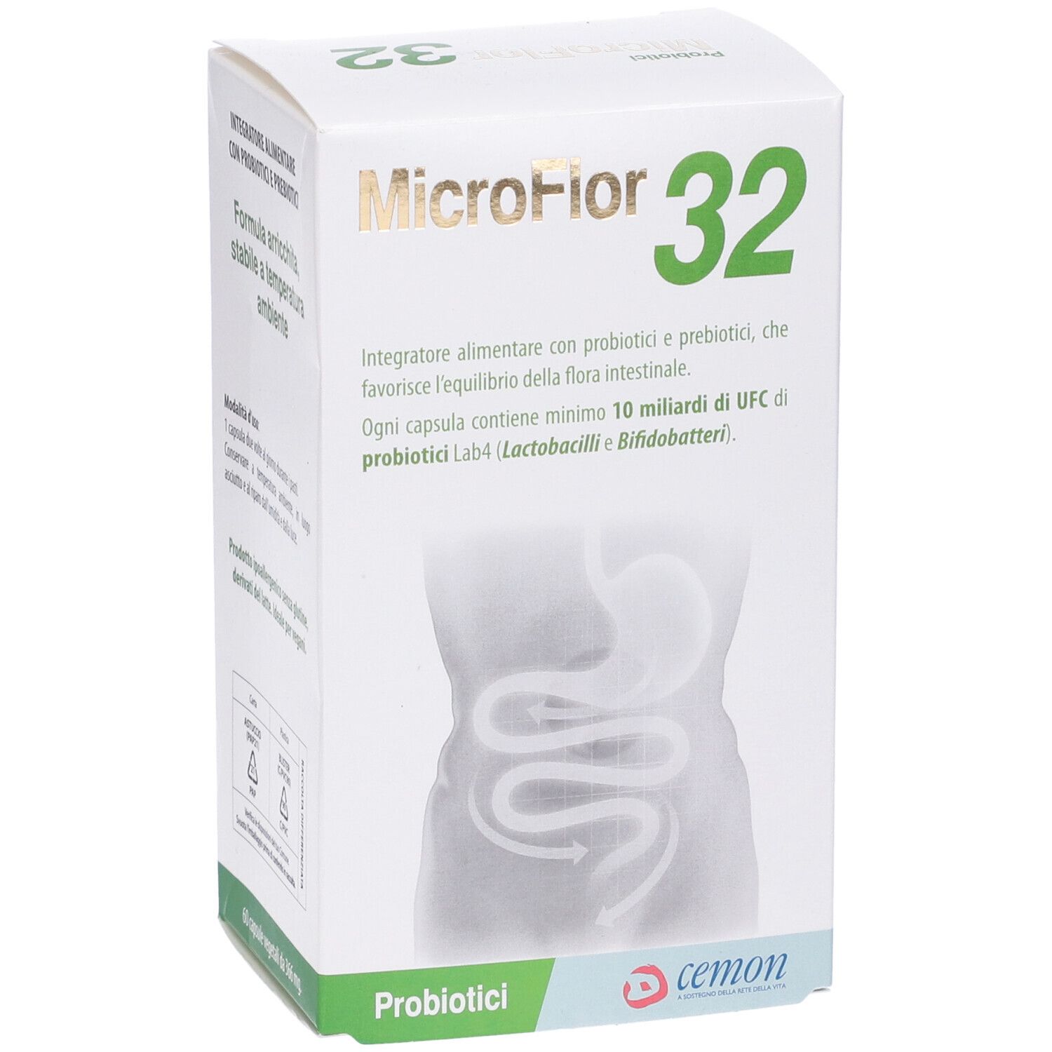 Boîte MicroFlor 32. Schéma de l'intestin. Logo Cemon.