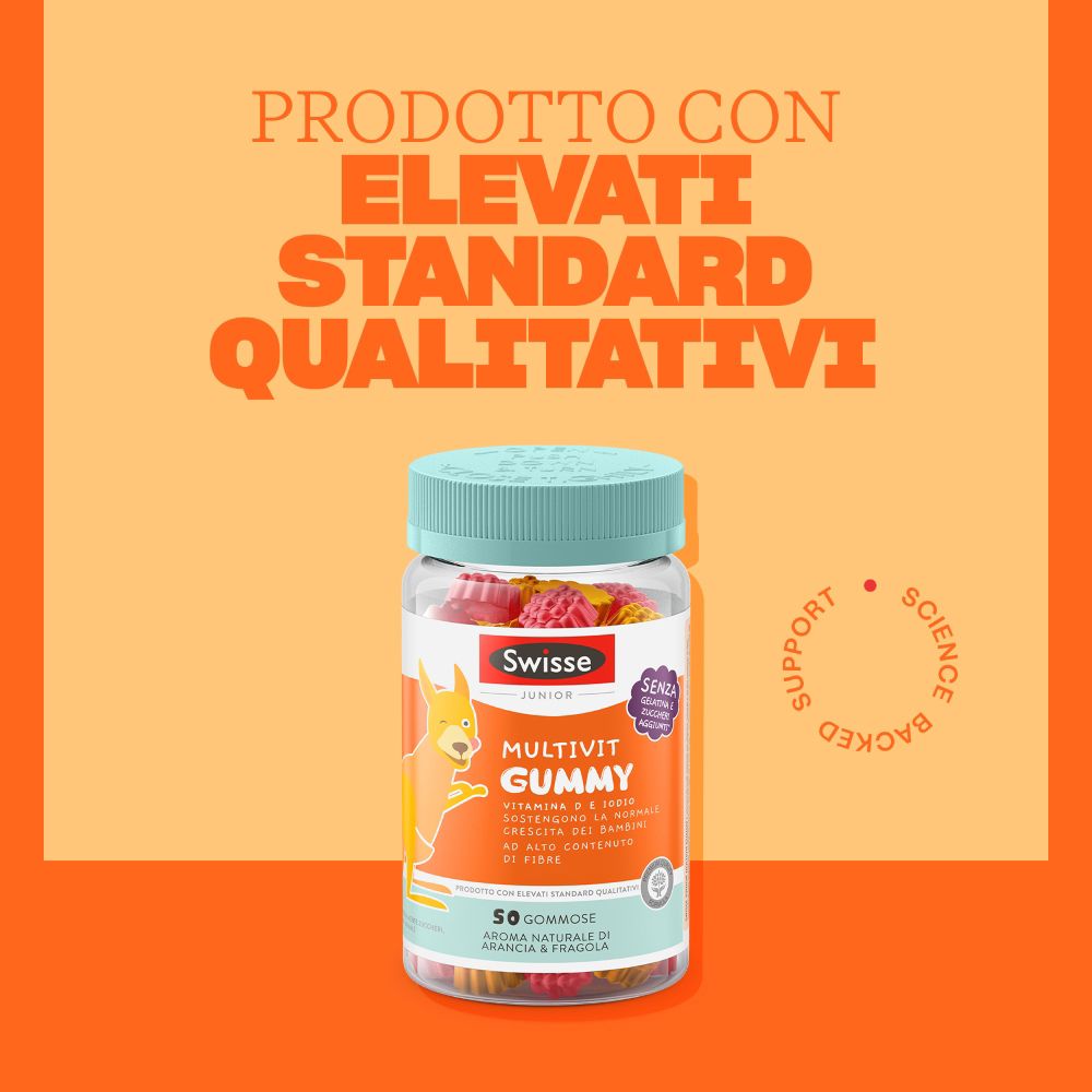 Swisse Junior Multivit Gummy Flasche, mit Siegel 'Qualitätsstandards'.