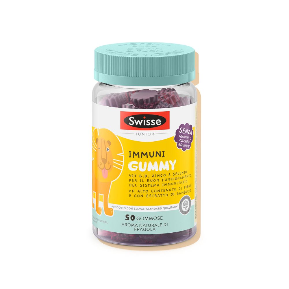 Swisse Junior Immuni Gummy Flasche mit 50 Gummibärchen, Erdbeergeschmack. Enthält Vitamine C, D, Zink und Holunder.