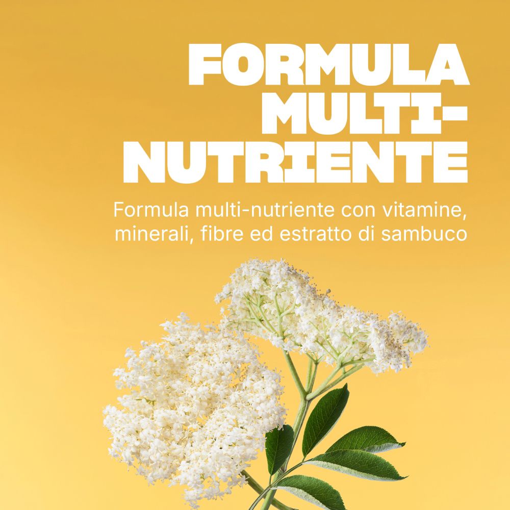 Multinährstoff-Formel mit Vitaminen, Mineralien, Ballaststoffen und Holunder-Extrakt.