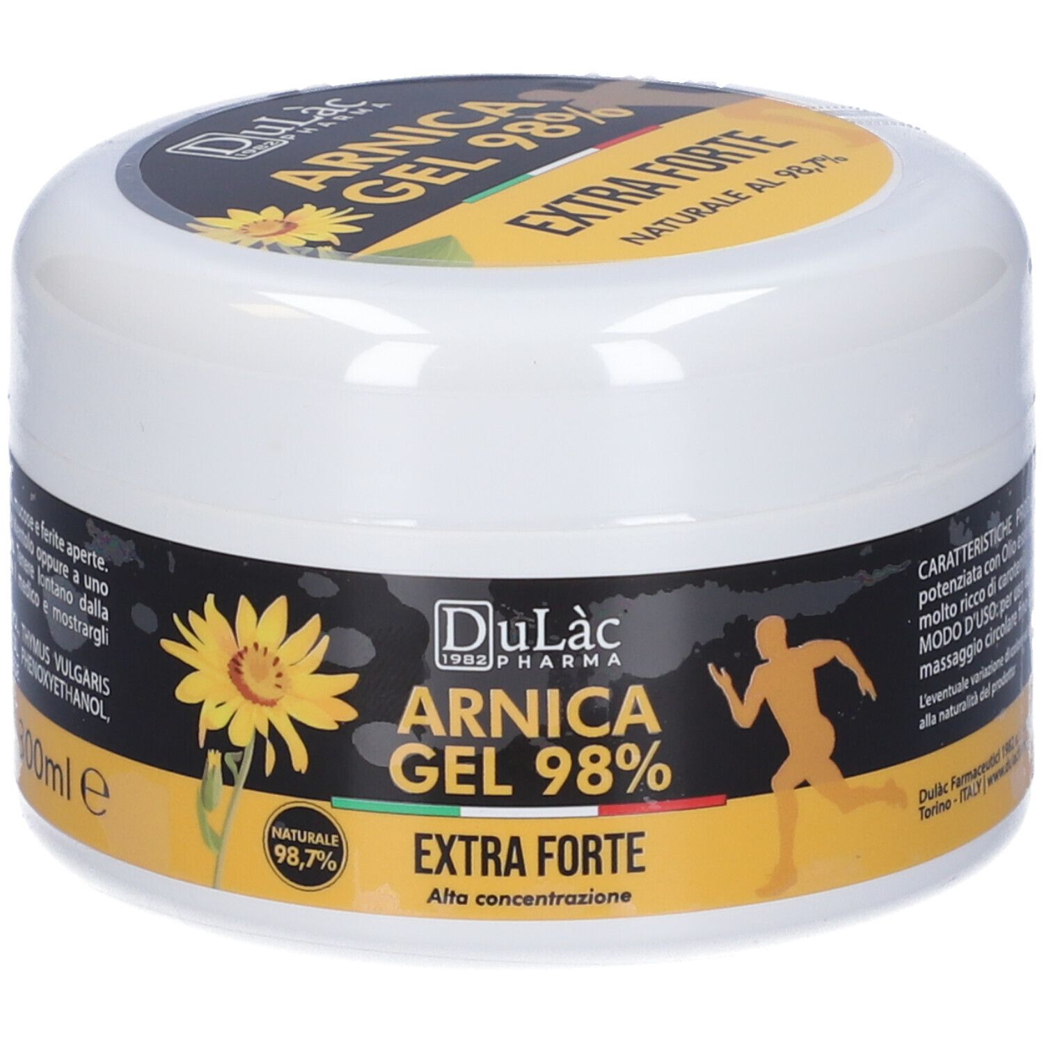 Weißes Tiegel mit schwarzem und gelbem Etikett. Aufschrift: Arnica Gel 98% Extra Forte. Logo: Läufer.