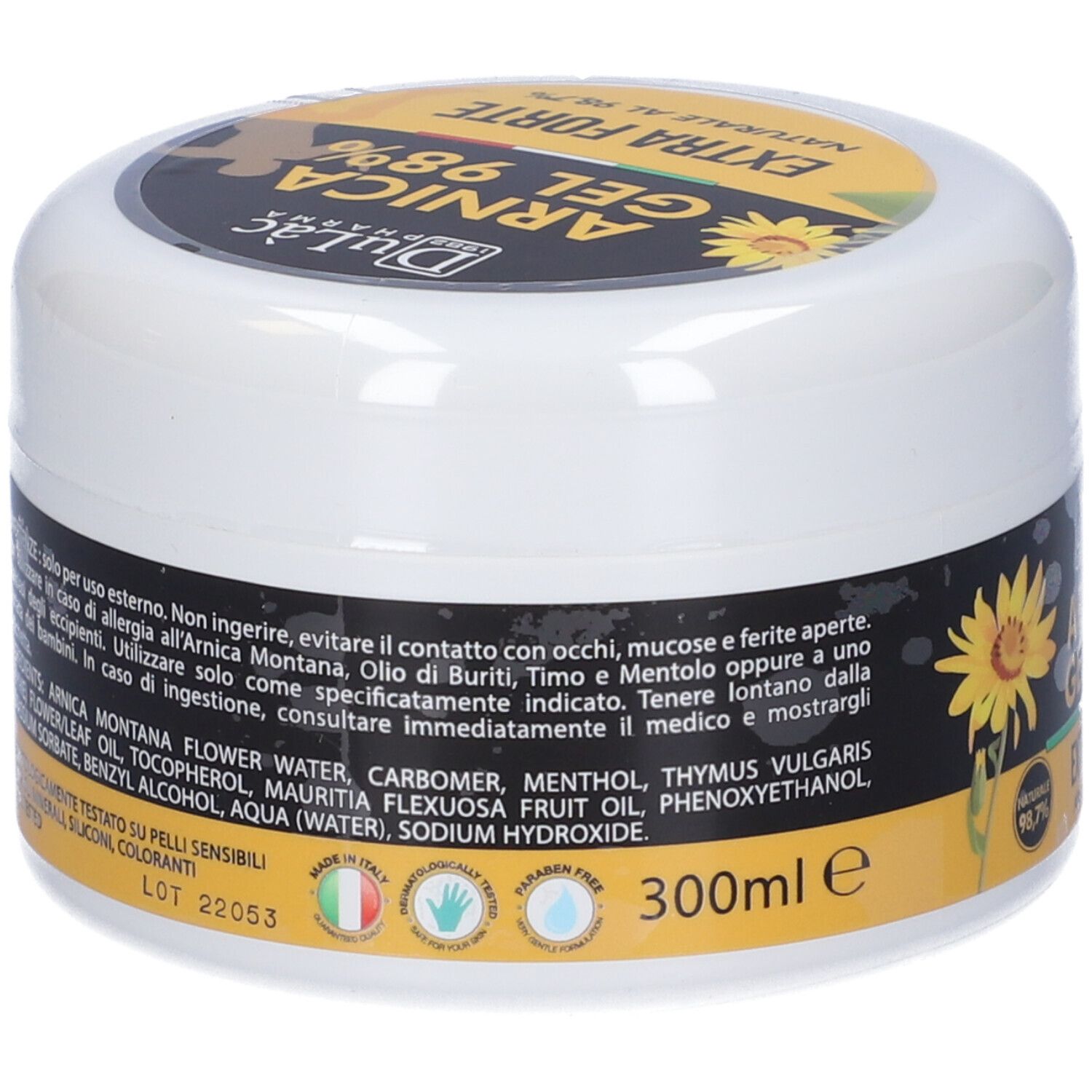 Weißer Tiegel mit schwarzem und gelbem Etikett. Aufschrift: Arnica Gel 98% Extra Forte. Inhaltsstoffe.