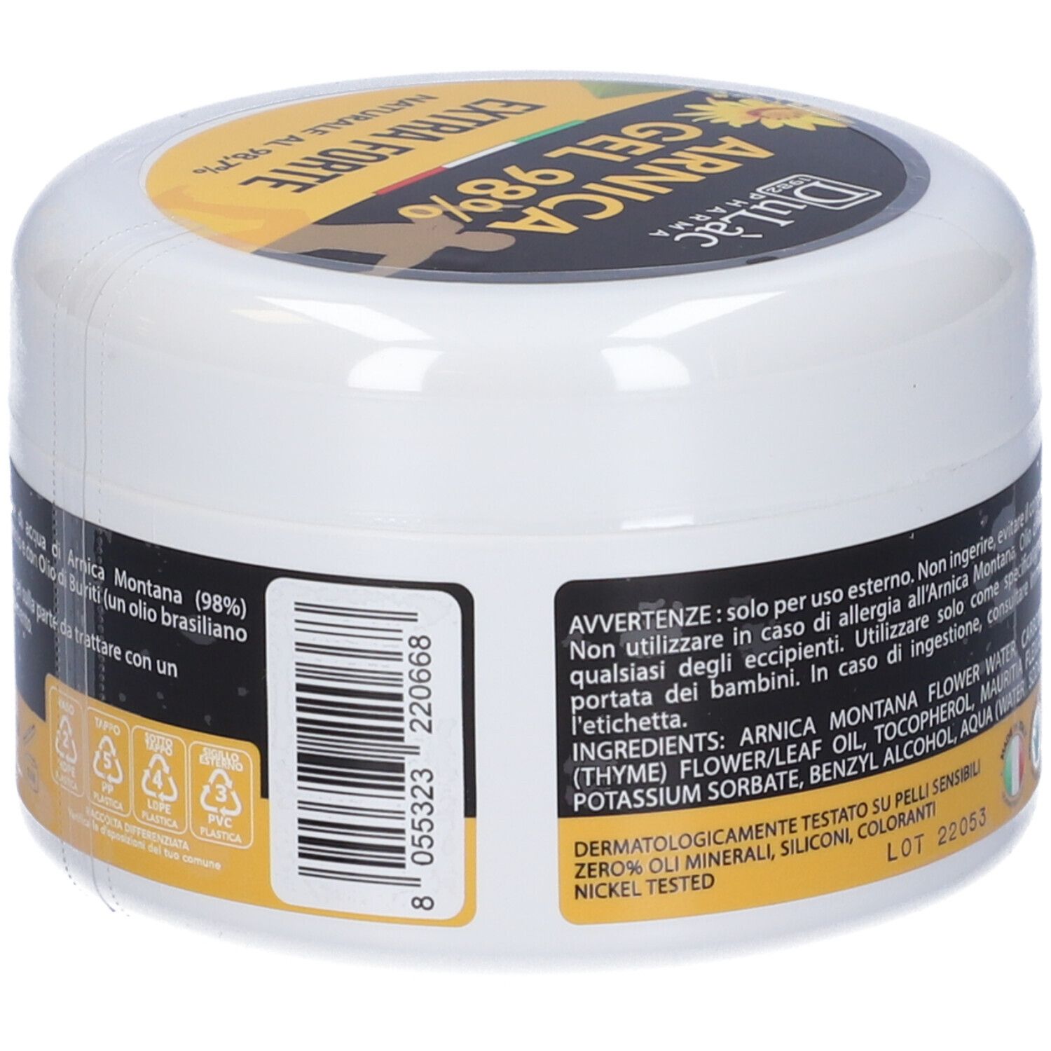 Weißer Tiegel mit schwarzem und gelbem Etikett. Aufschrift: Arnica Gel 98% Extra Forte. Barcode und Warnhinweise.