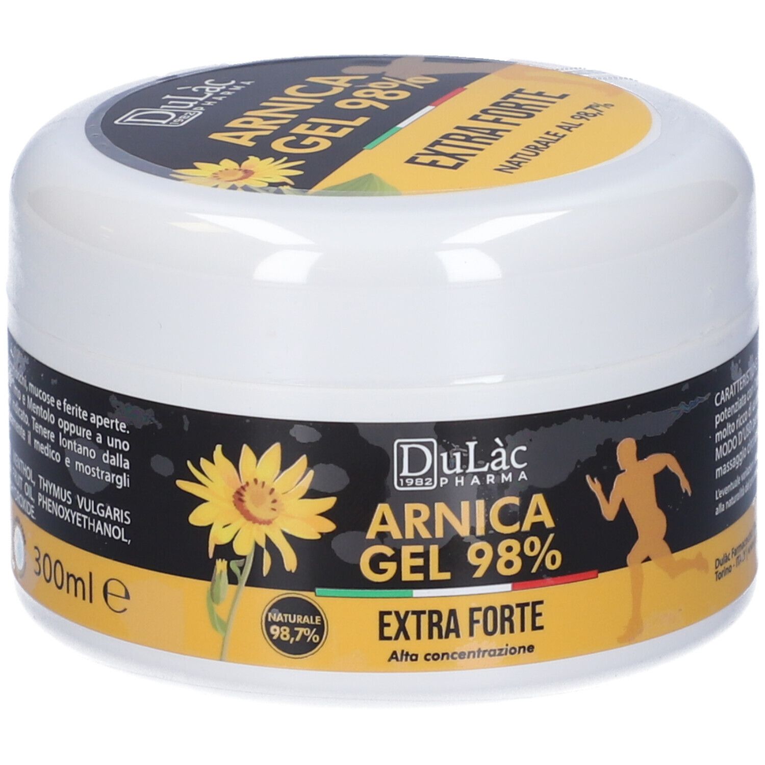Weißer Tiegel mit schwarzem und gelbem Etikett. Aufschrift: Arnica Gel 98% Extra Forte. Logo: Läufer.