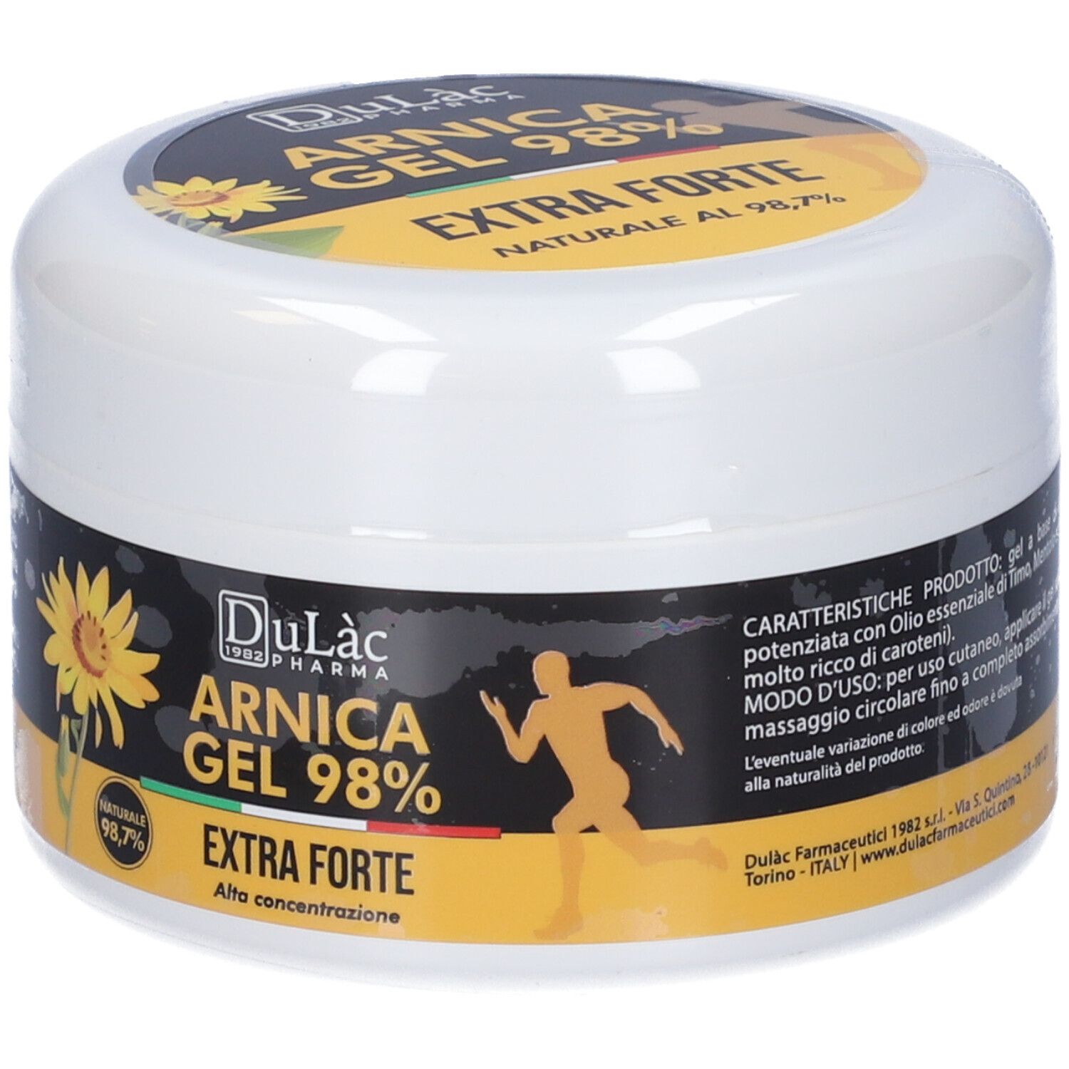 Weißer Tiegel mit schwarzem und gelbem Etikett. Aufschrift: Arnica Gel 98% Extra Forte. Logo: Läufer.